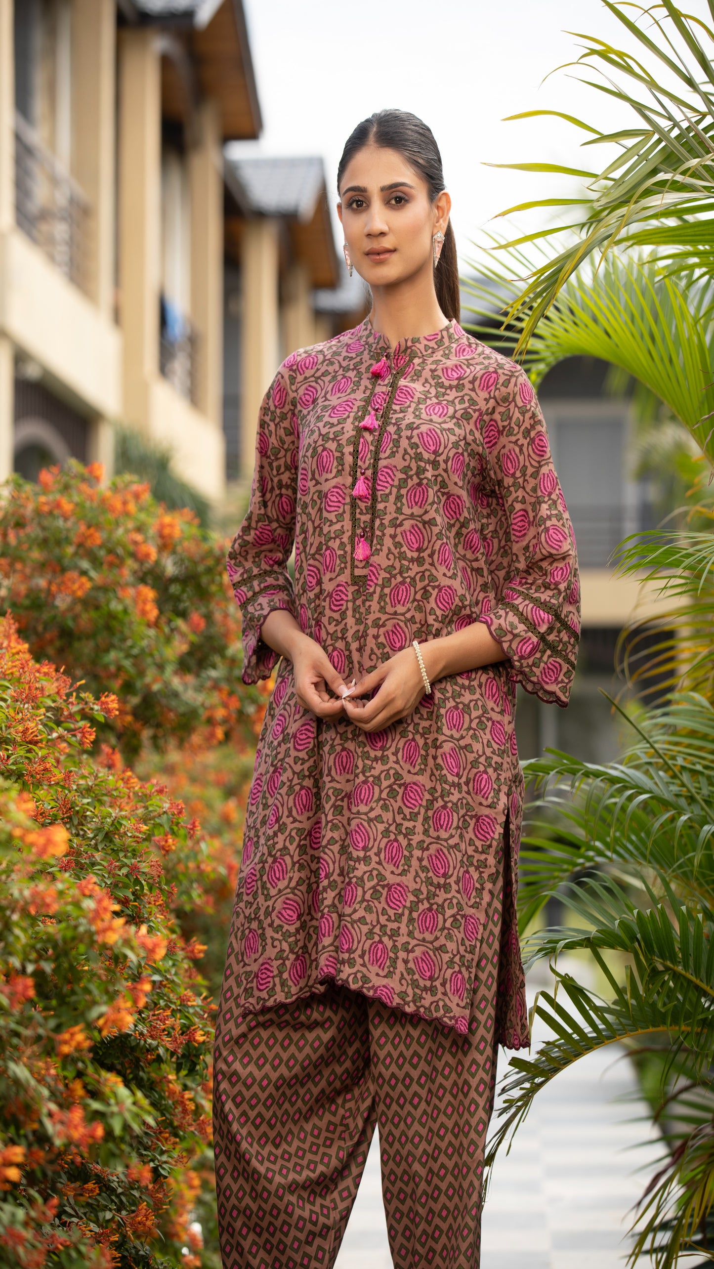 Inaaya Beige Cotton Bell Sleeve Kurta Set – A-Line Fit with Chinese Collar