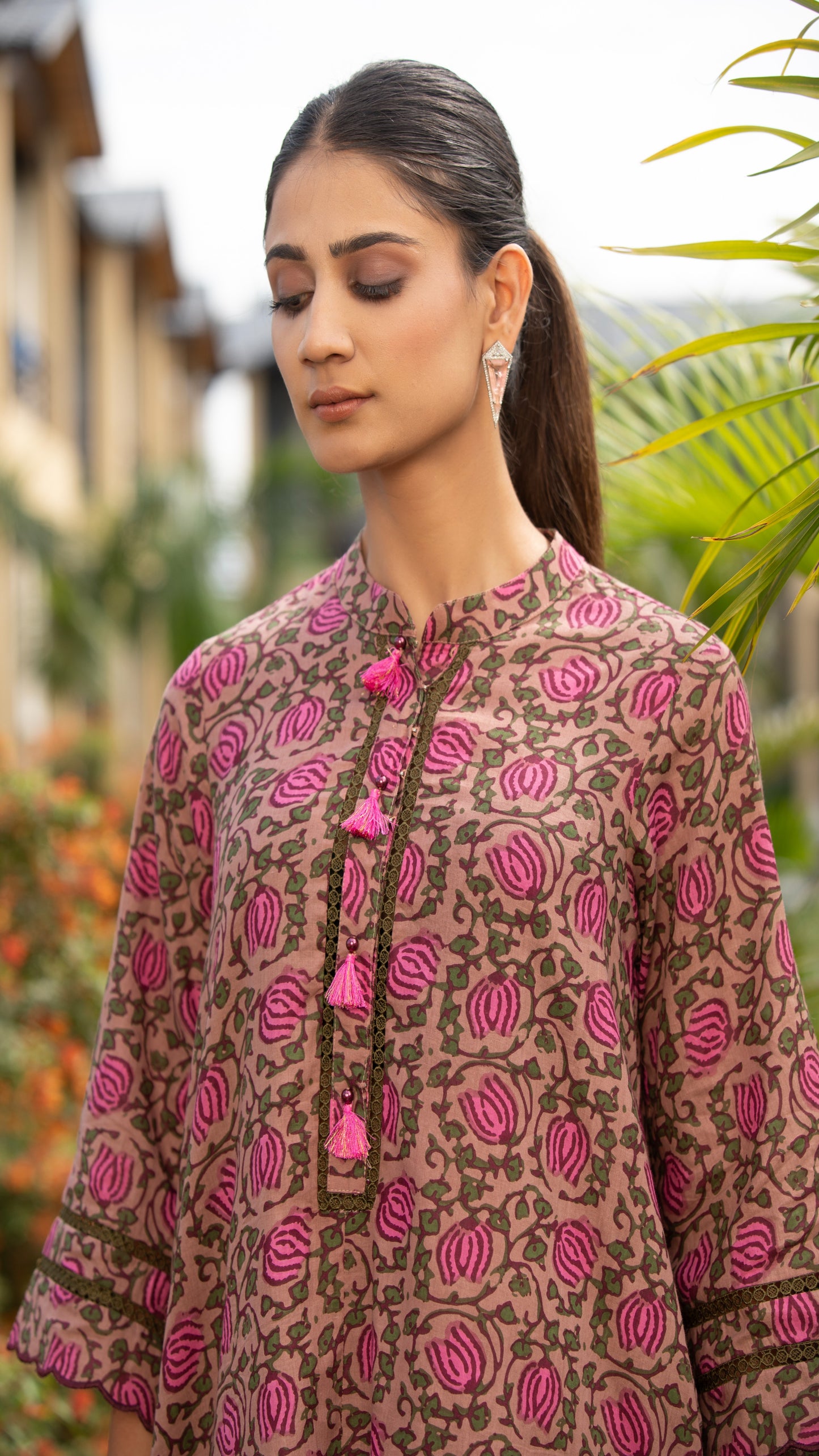 Inaaya Beige Cotton Bell Sleeve Kurta Set – A-Line Fit with Chinese Collar