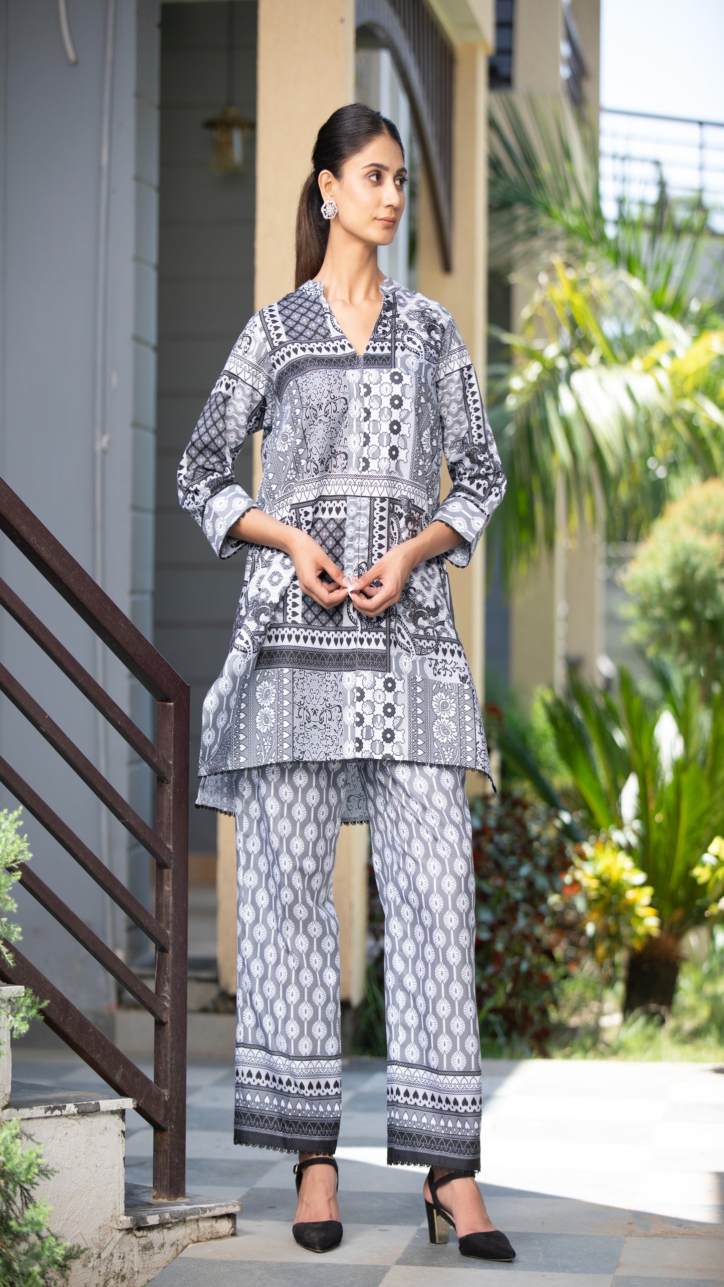 Mira Grey Cotton Linen Co-ord Set – Mandarin Collar, 3/4 Sleeves with Cuff