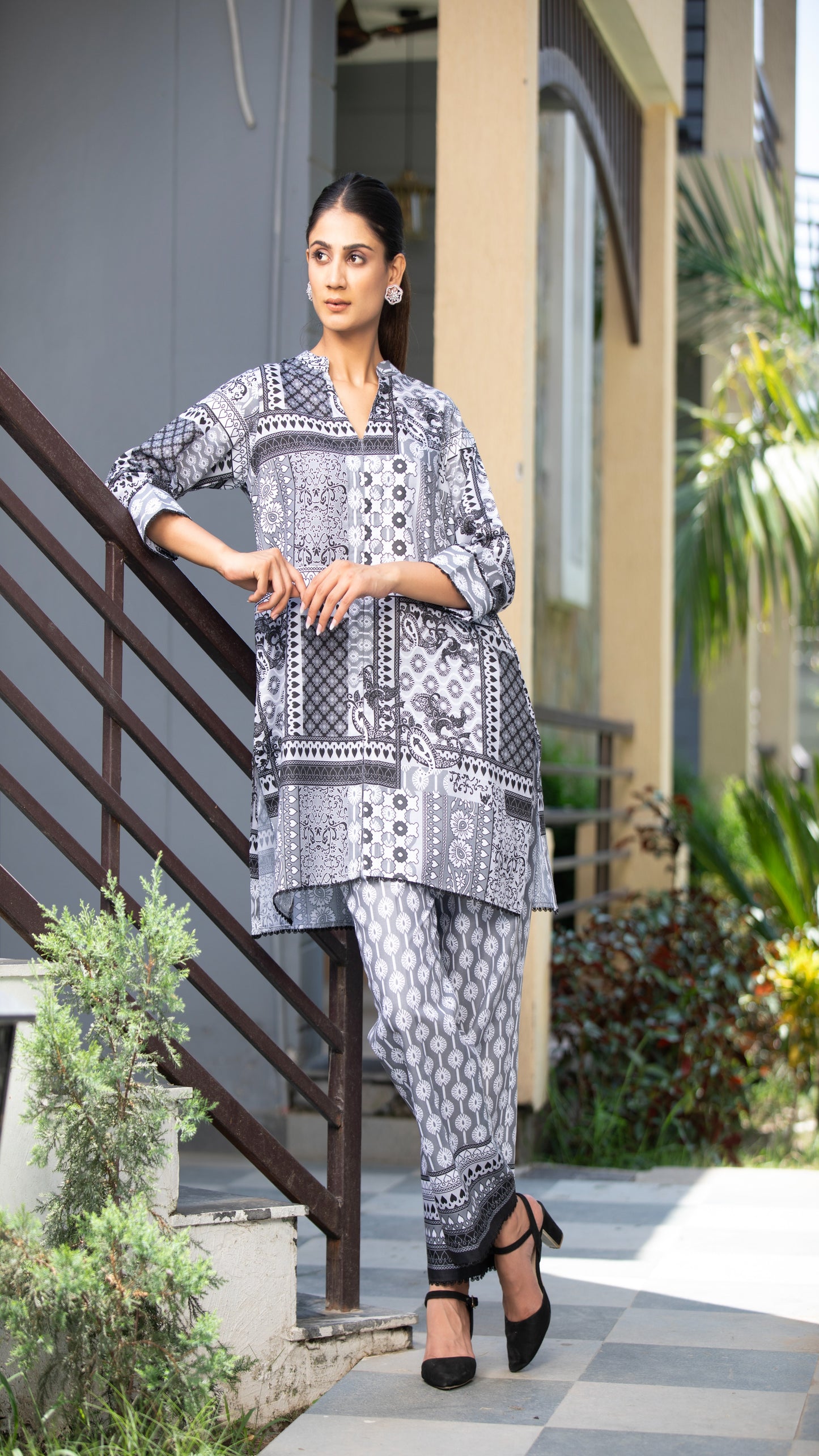Mira Grey Cotton Linen Co-ord Set – Mandarin Collar, 3/4 Sleeves with Cuff