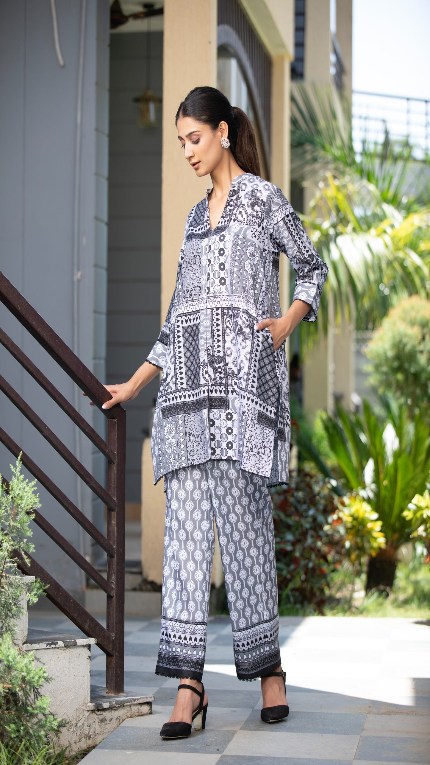 Mira Grey Cotton Linen Co-ord Set – Mandarin Collar, 3/4 Sleeves with Cuff