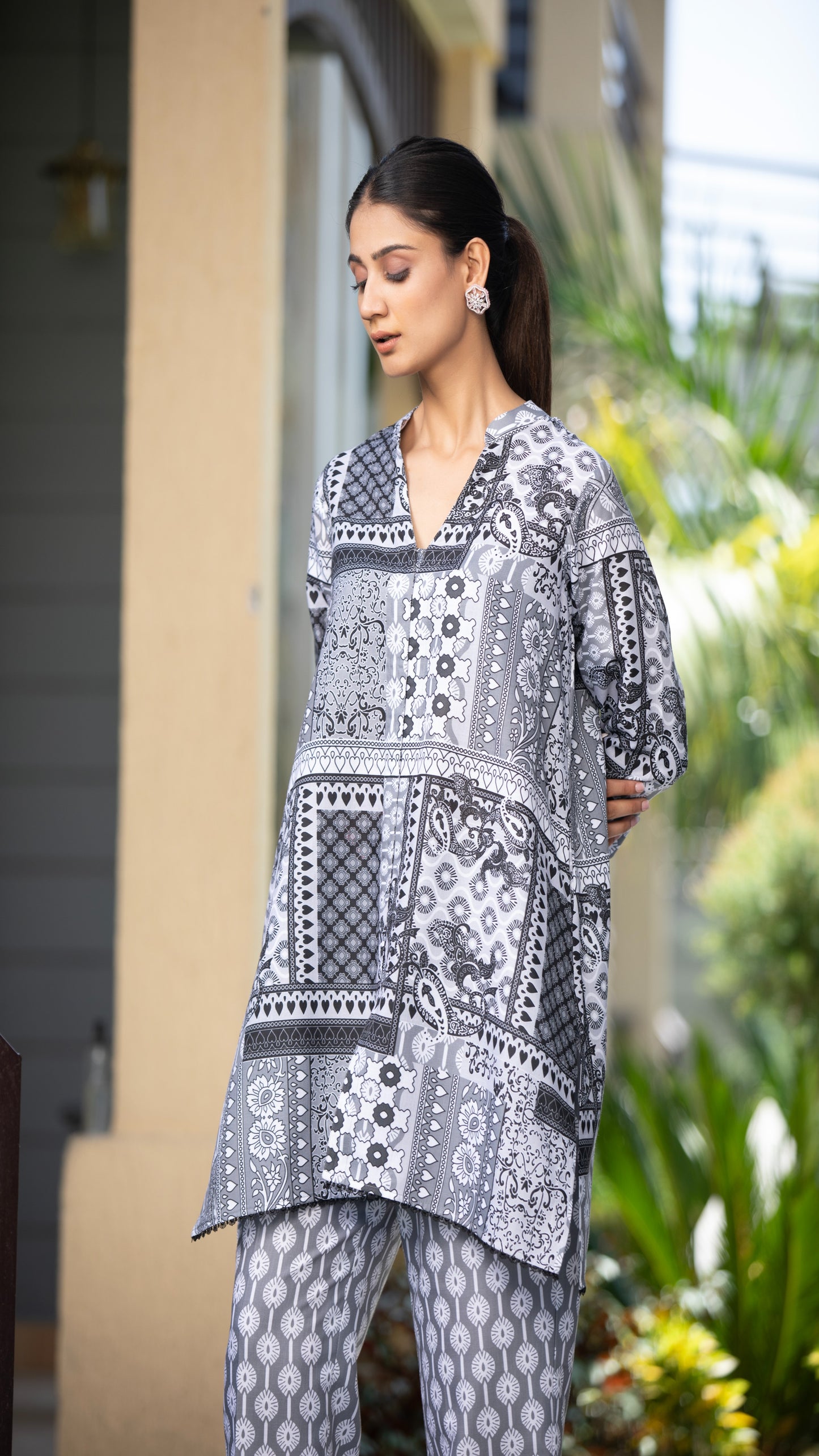 Mira Grey Cotton Linen Co-ord Set – Mandarin Collar, 3/4 Sleeves with Cuff