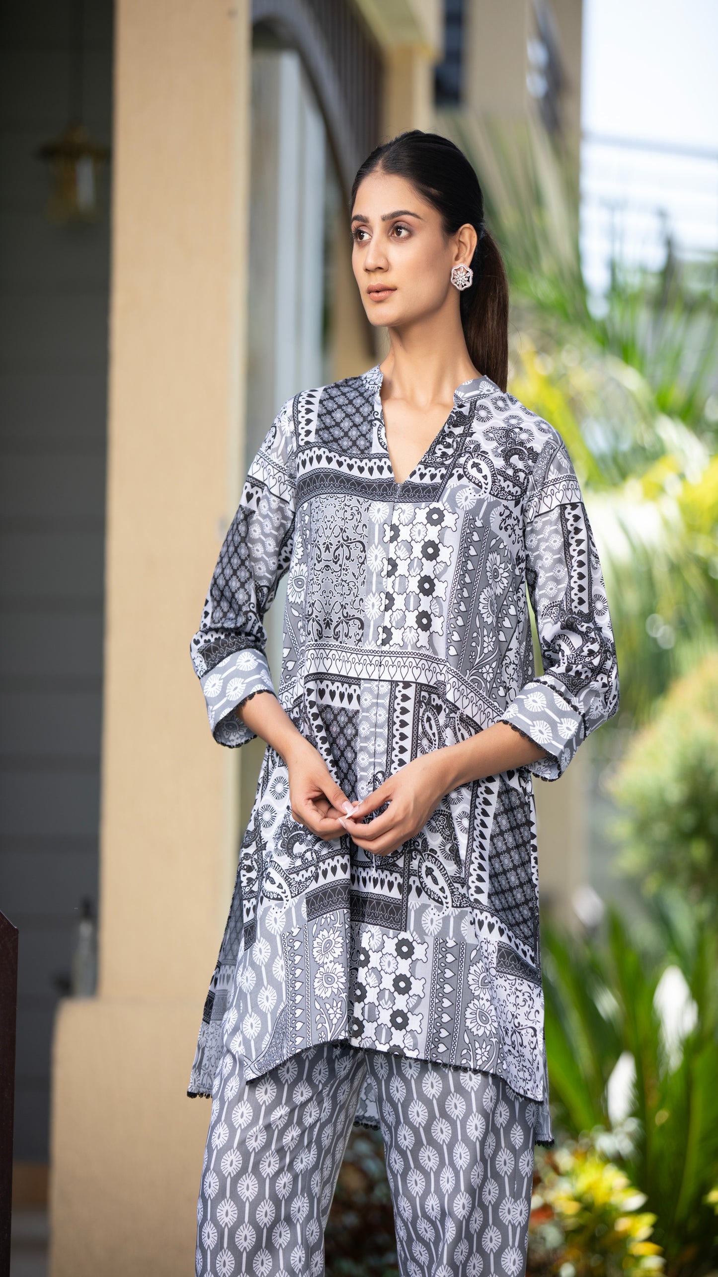 Mira Grey Cotton Linen Co-ord Set – Mandarin Collar, 3/4 Sleeves with Cuff