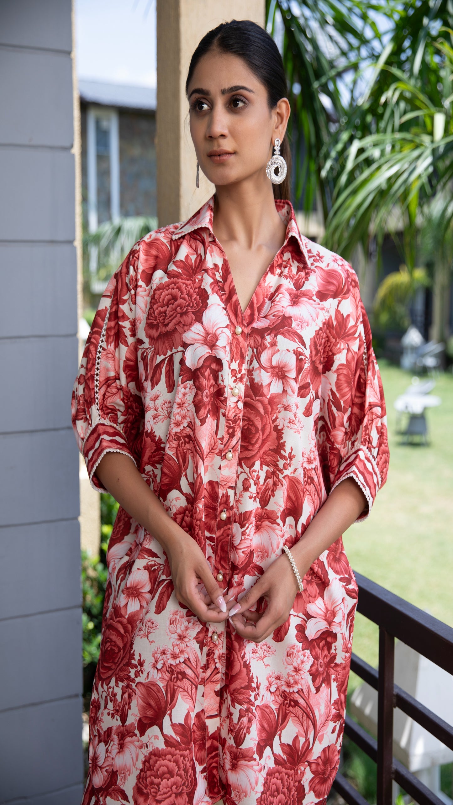 Anaya Red Cotton Linen Co-ord Set – Shirt Collar, Dropshoulder 3/4 Sleeves
