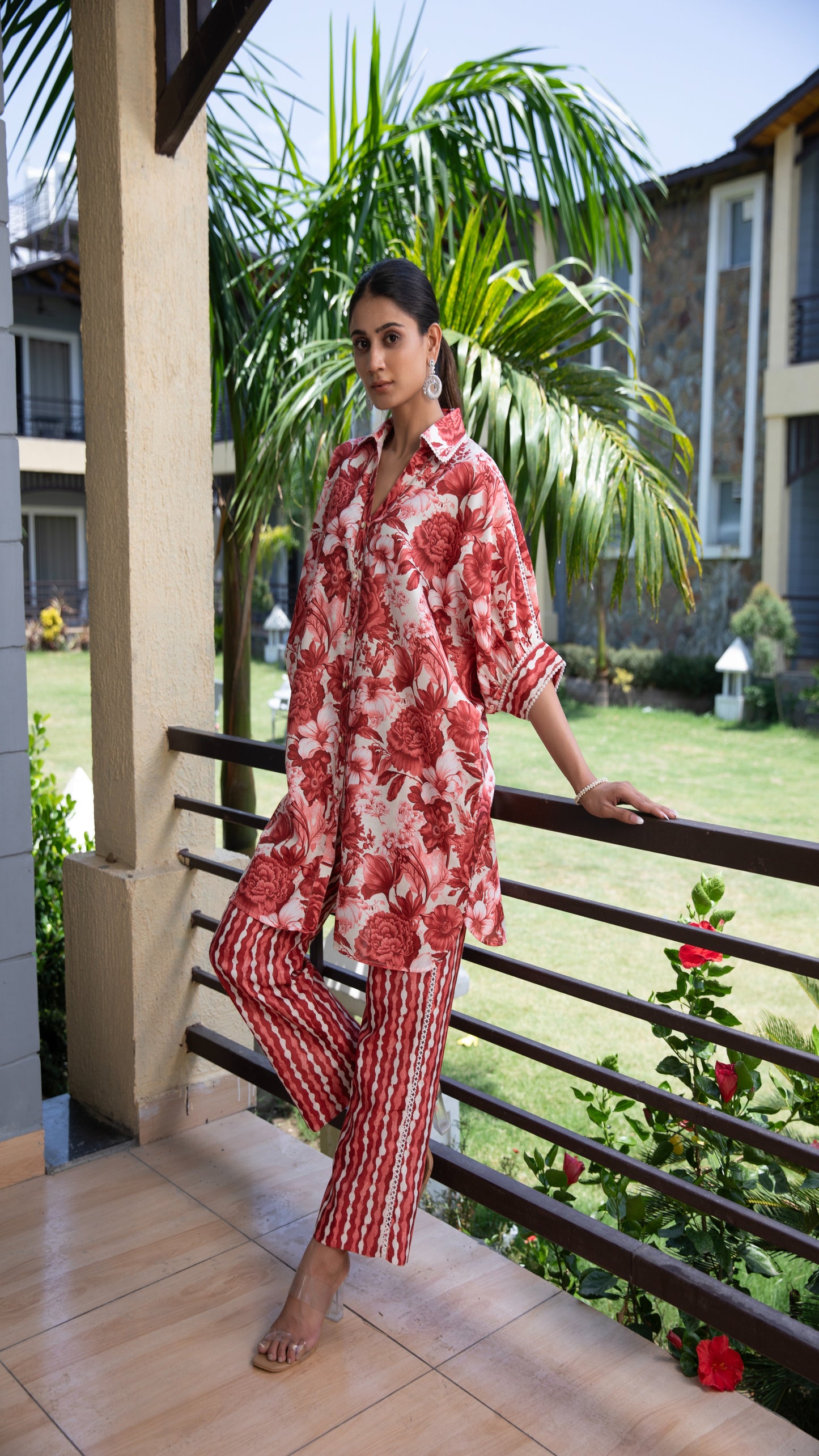 Anaya Red Cotton Linen Co-ord Set – Shirt Collar, Dropshoulder 3/4 Sleeves
