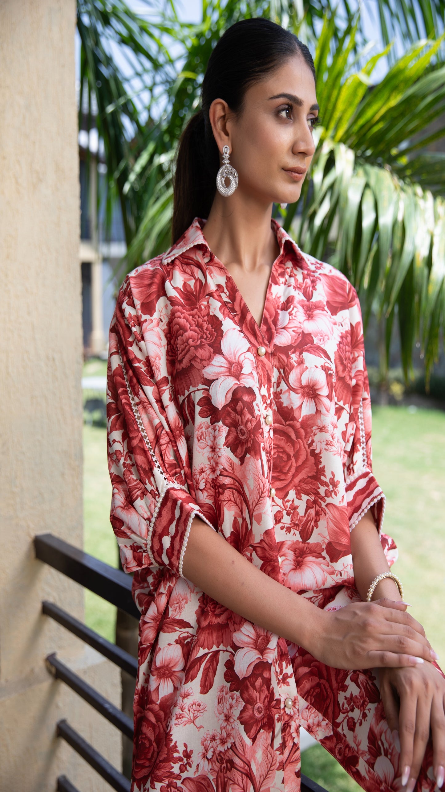 Anaya Red Cotton Linen Co-ord Set – Shirt Collar, Dropshoulder 3/4 Sleeves