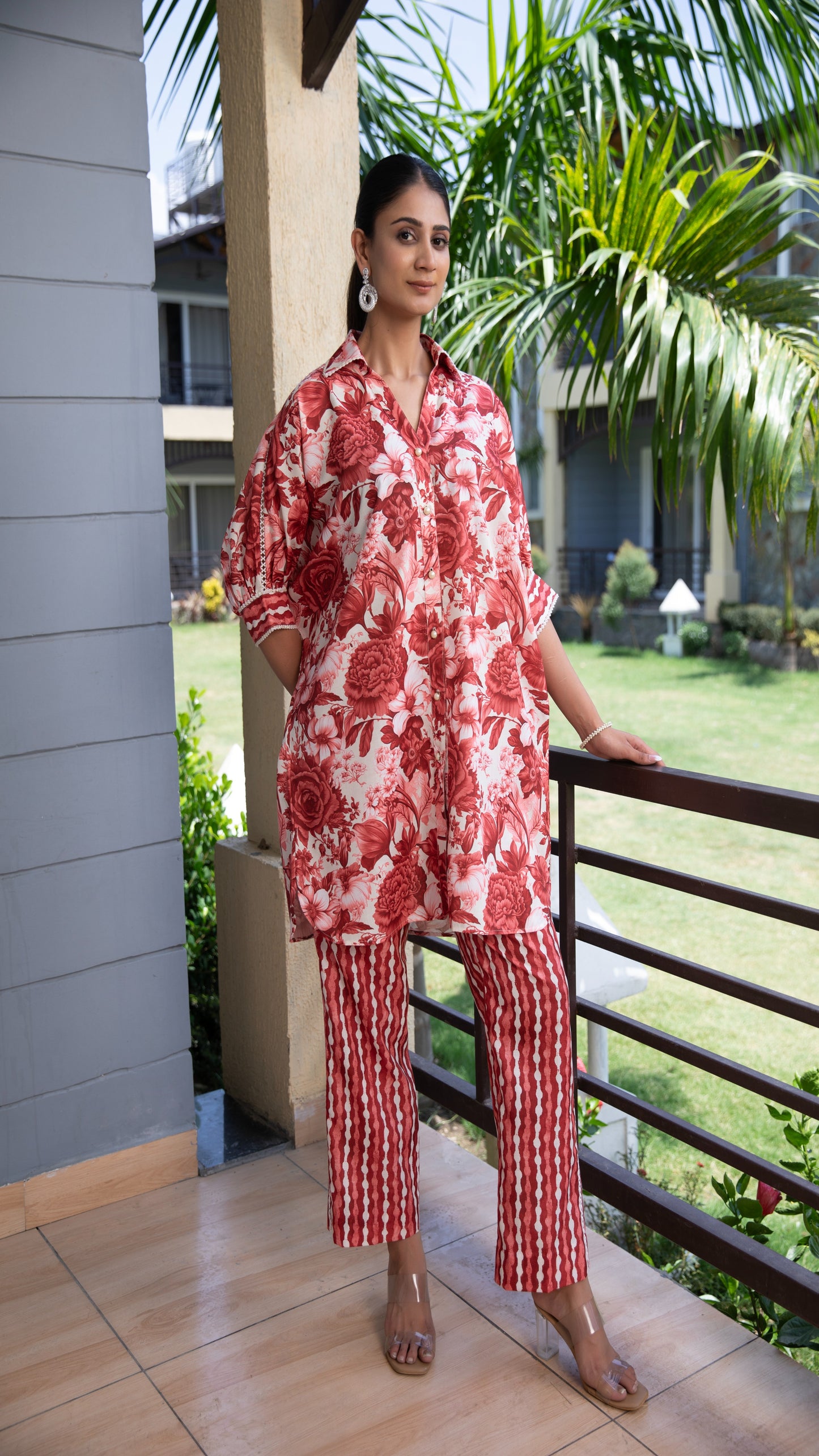 Anaya Red Cotton Linen Co-ord Set – Shirt Collar, Dropshoulder 3/4 Sleeves