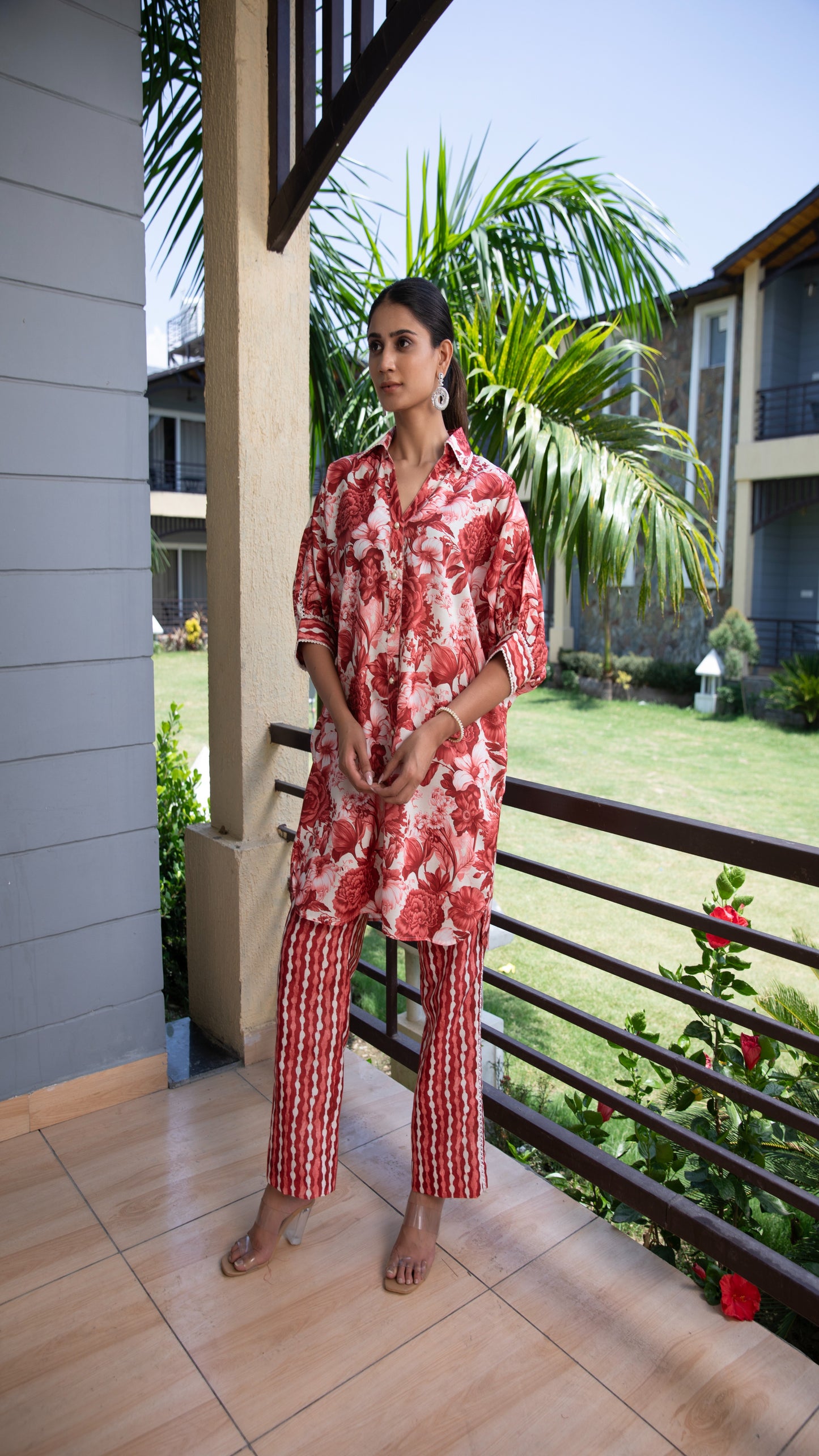 Anaya Red Cotton Linen Co-ord Set – Shirt Collar, Dropshoulder 3/4 Sleeves