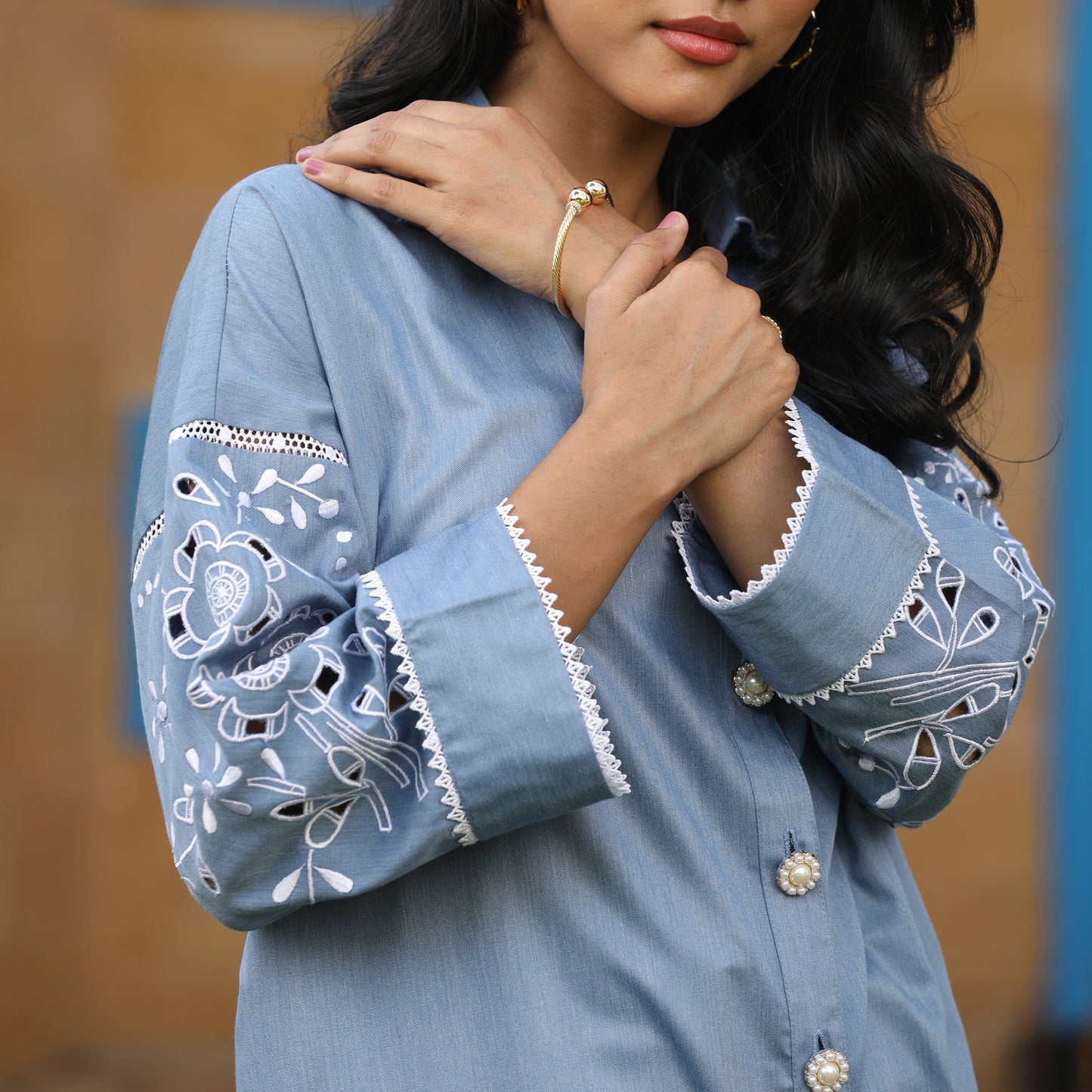 Chic Cotton Denium Set with Lace-Trimmed Collar and Cut Work Accents