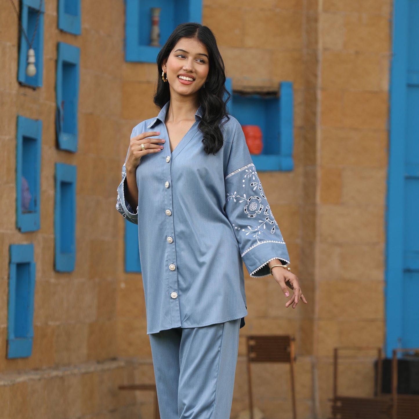 Chic Cotton Denium Set with Lace-Trimmed Collar and Cut Work Accents