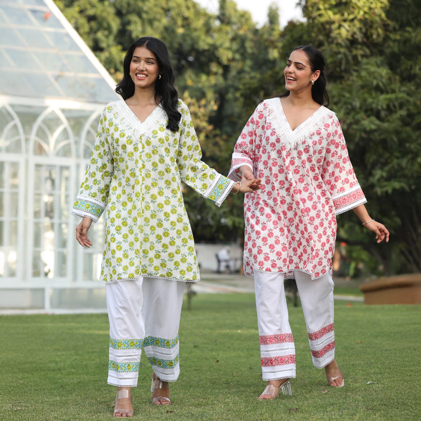 Chambric Cotton Delight - V-Neck Floral Kurta with White Pants