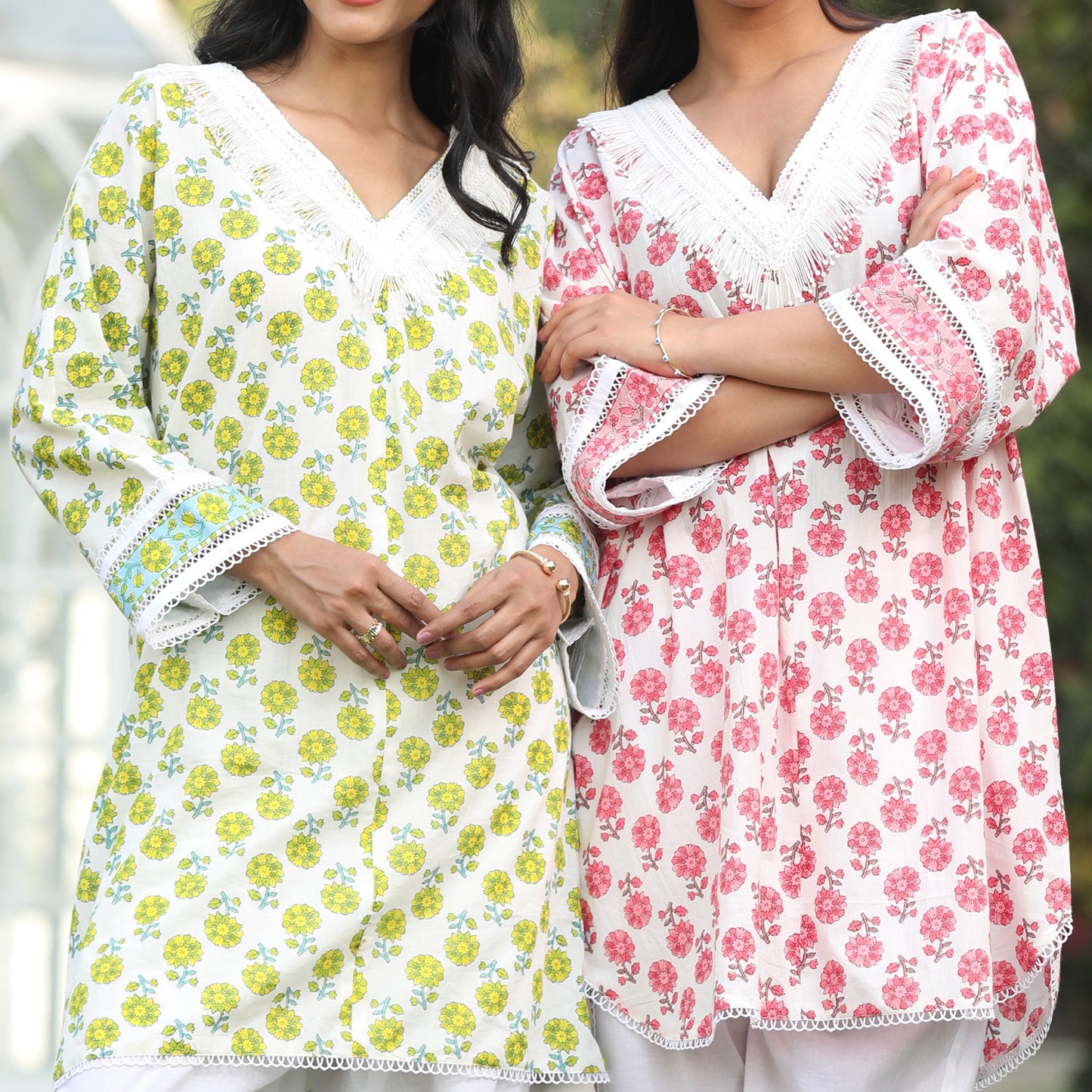 Chambric Cotton Delight - V-Neck Floral Kurta with White Pants