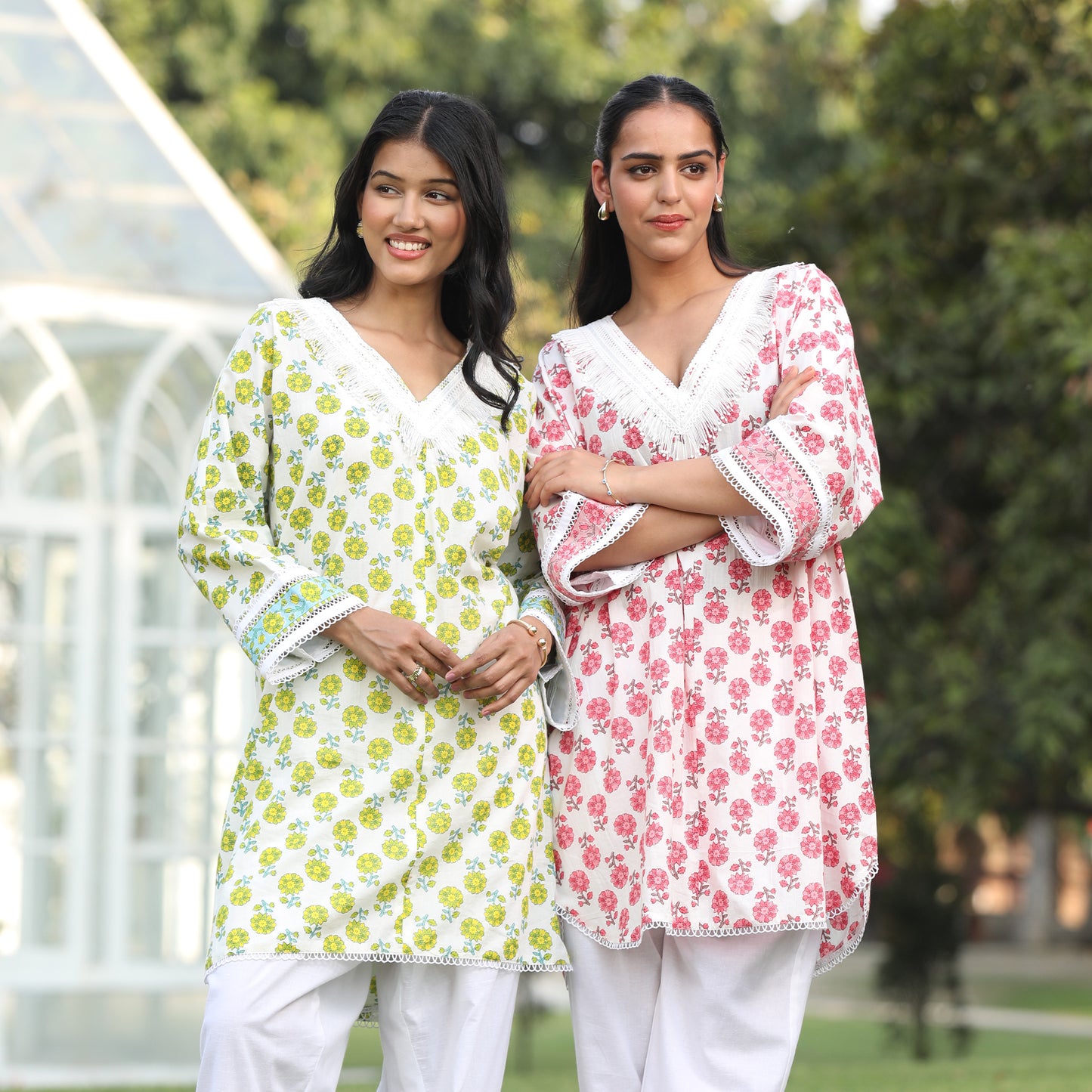 Chambric Cotton Delight - V-Neck Floral Kurta with White Pants