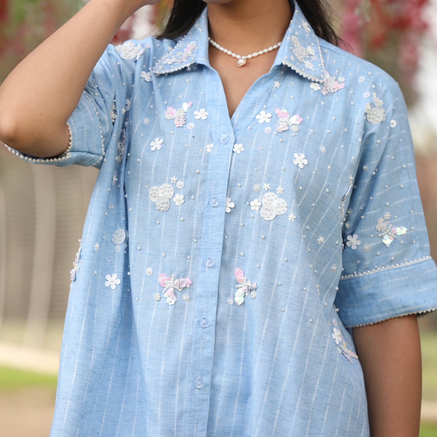 White Sequin Embroidered Chabray Co-Ord with Pearl Lace Detailing