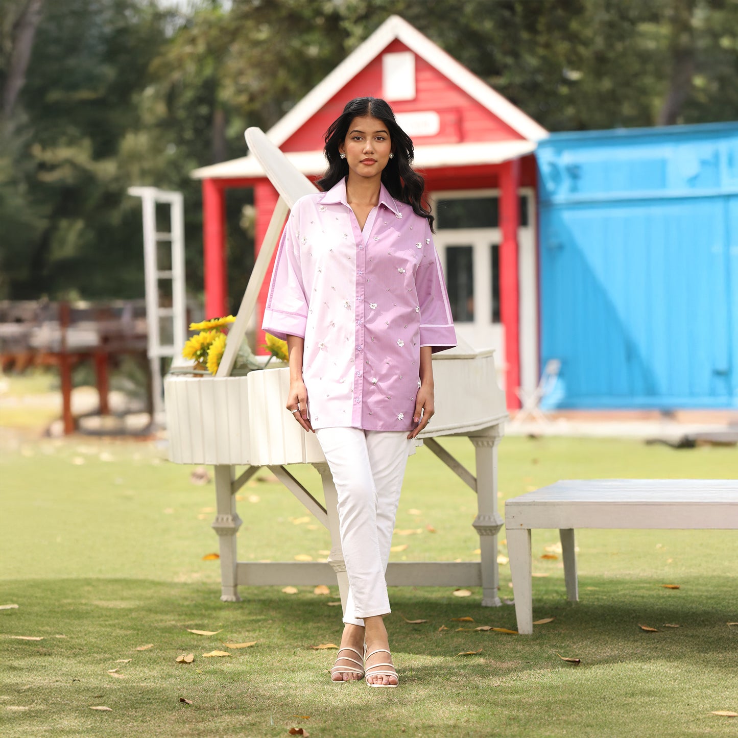 Sequin Blossom Block Collar Shirt