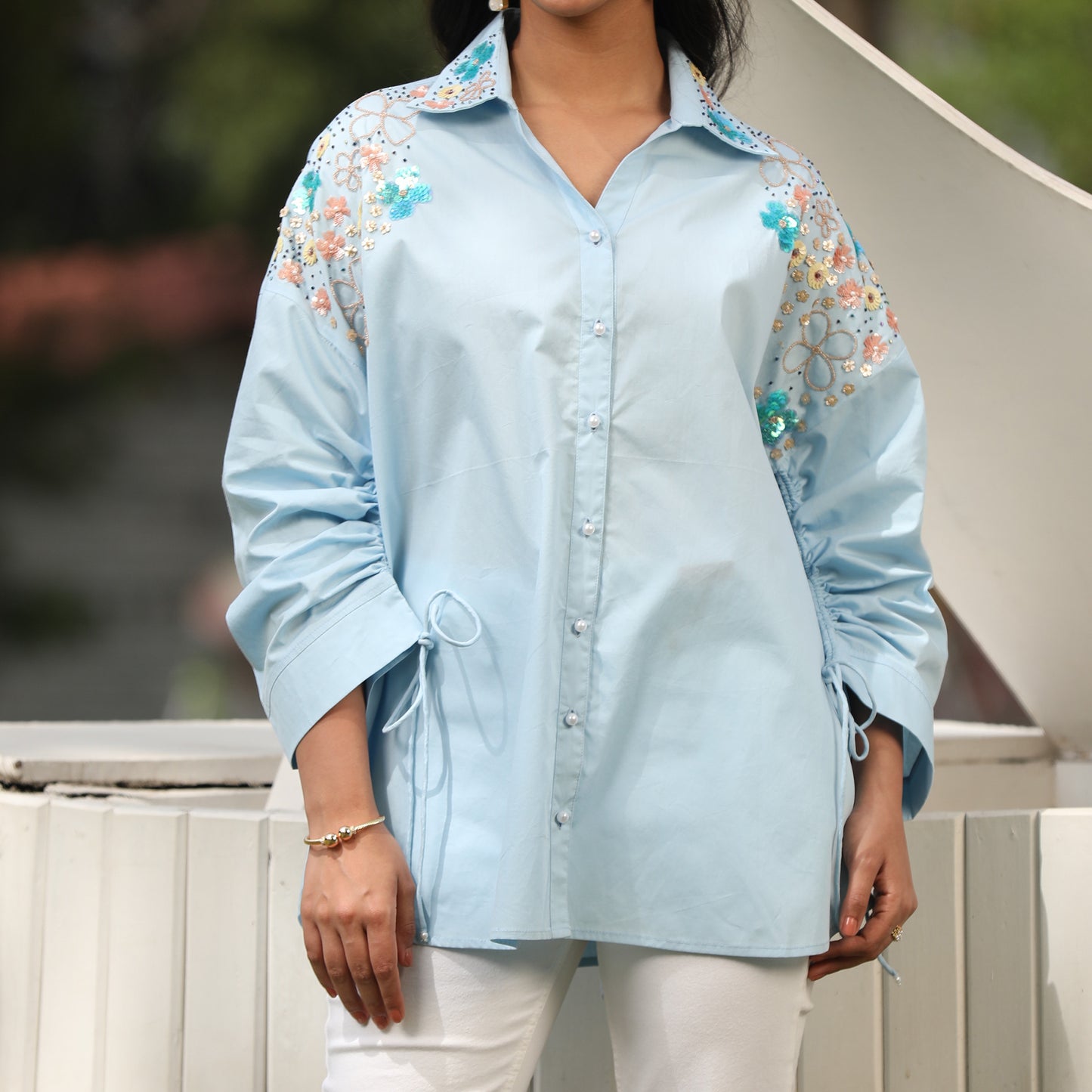 Shoulder Blossom Tie Cotton Shirt