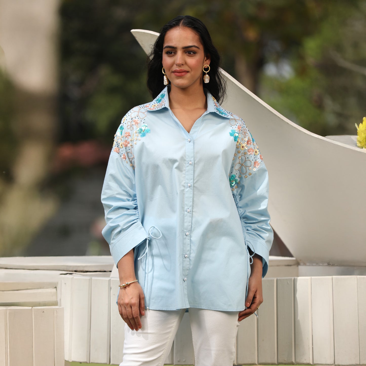 Shoulder Blossom Tie Cotton Shirt