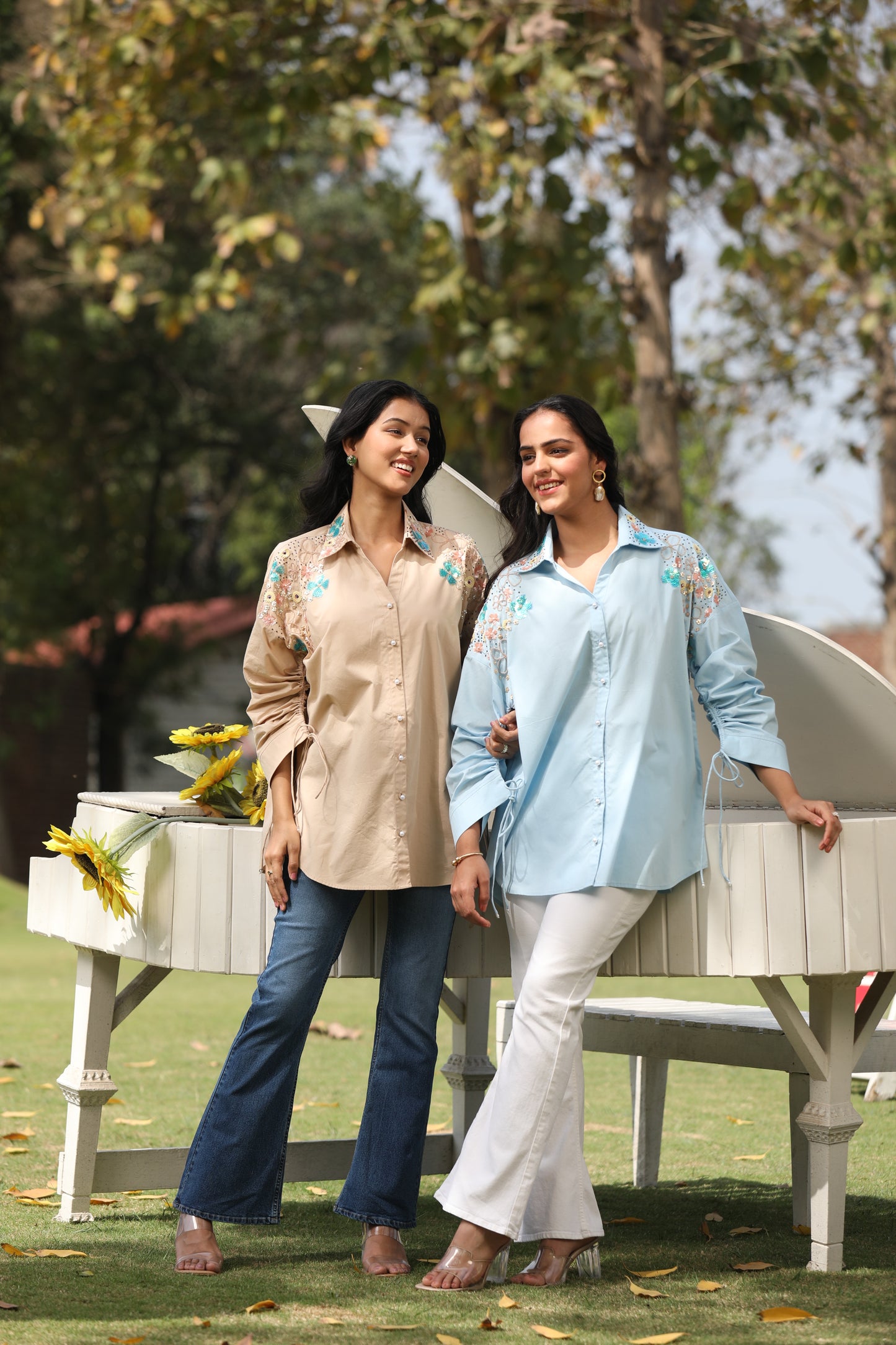 Shoulder Blossom Tie Cotton Shirt