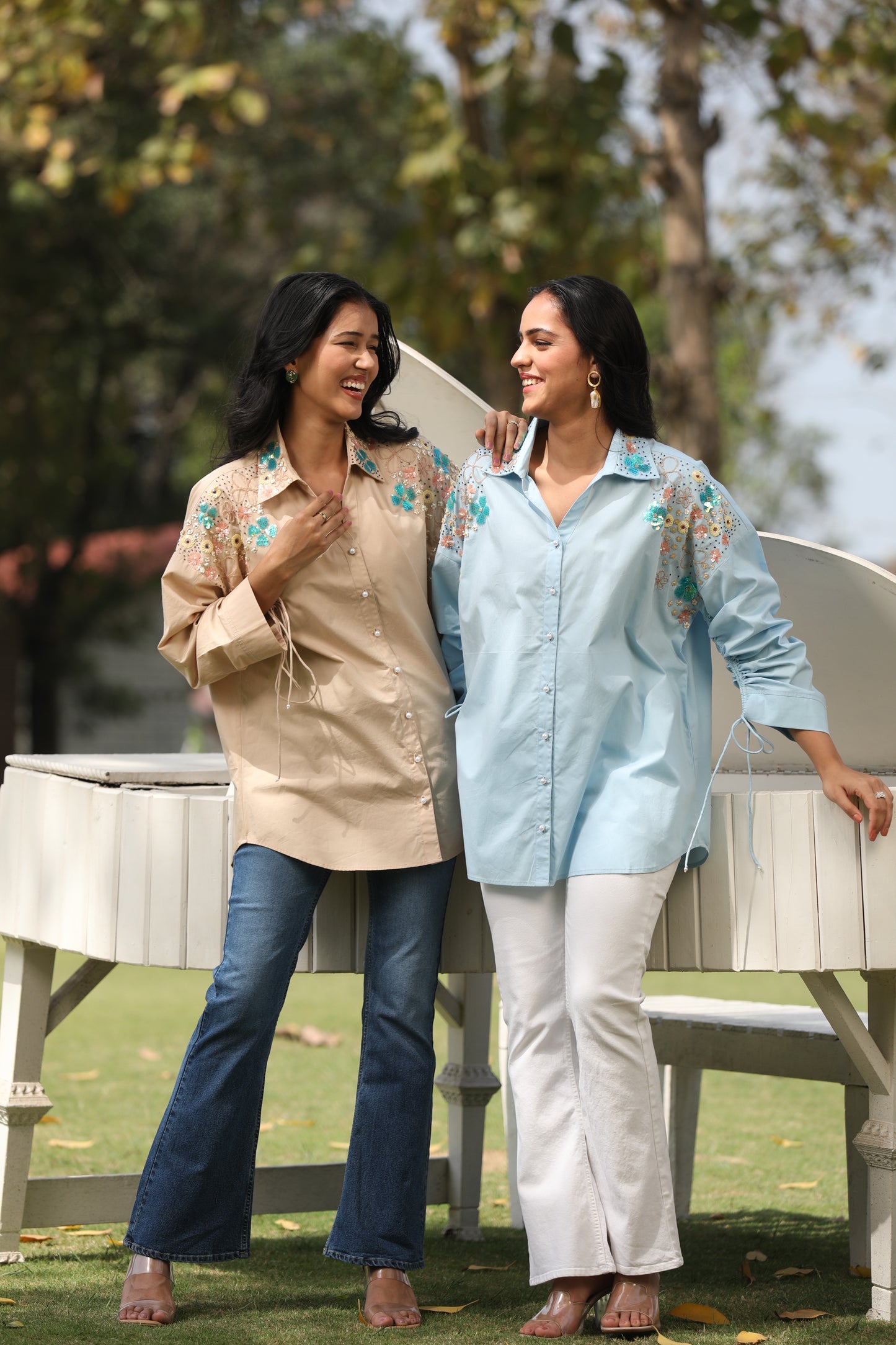 Shoulder Blossom Tie Cotton Shirt