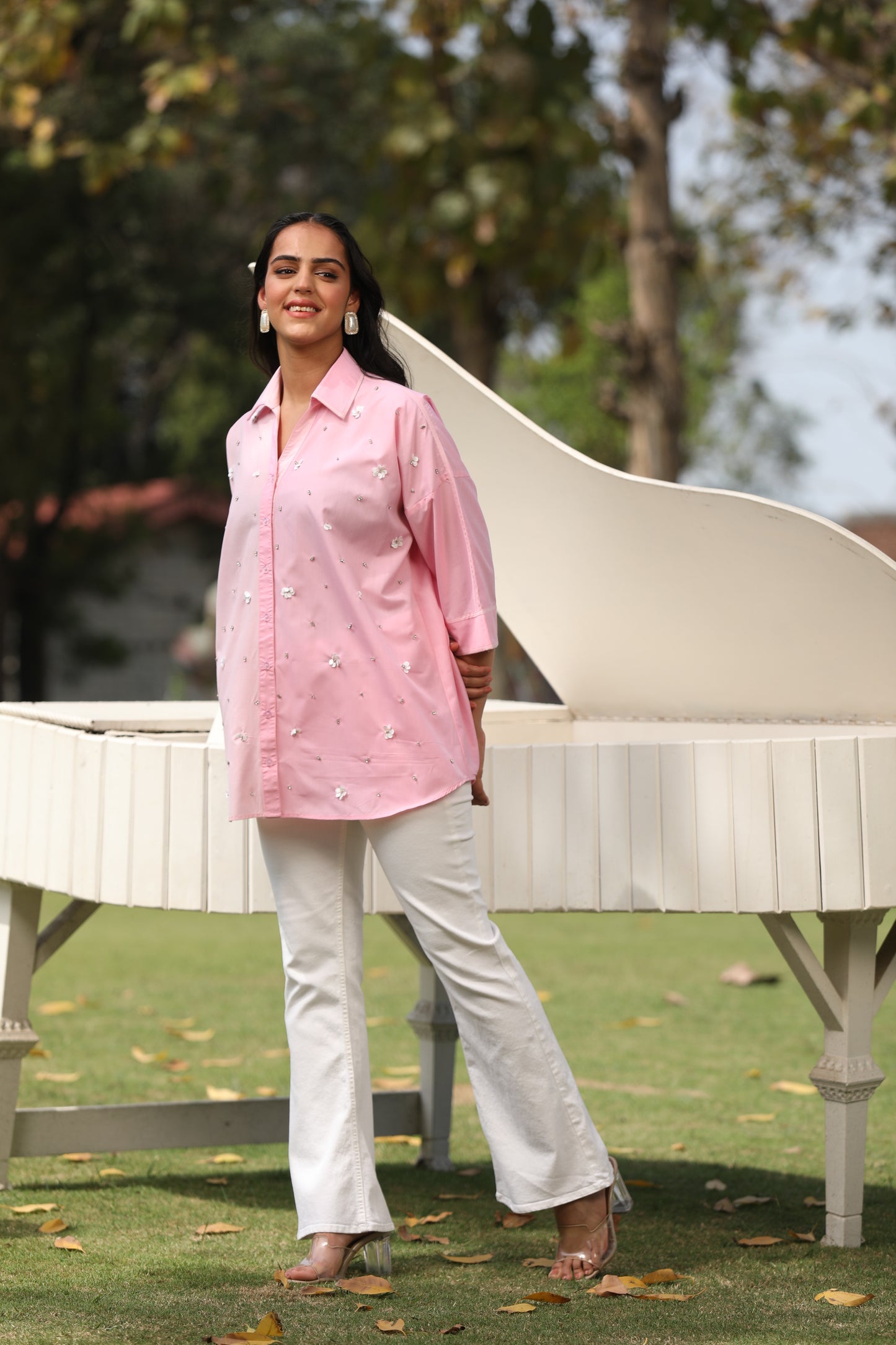 Sequin Blossom Block Collar Shirt