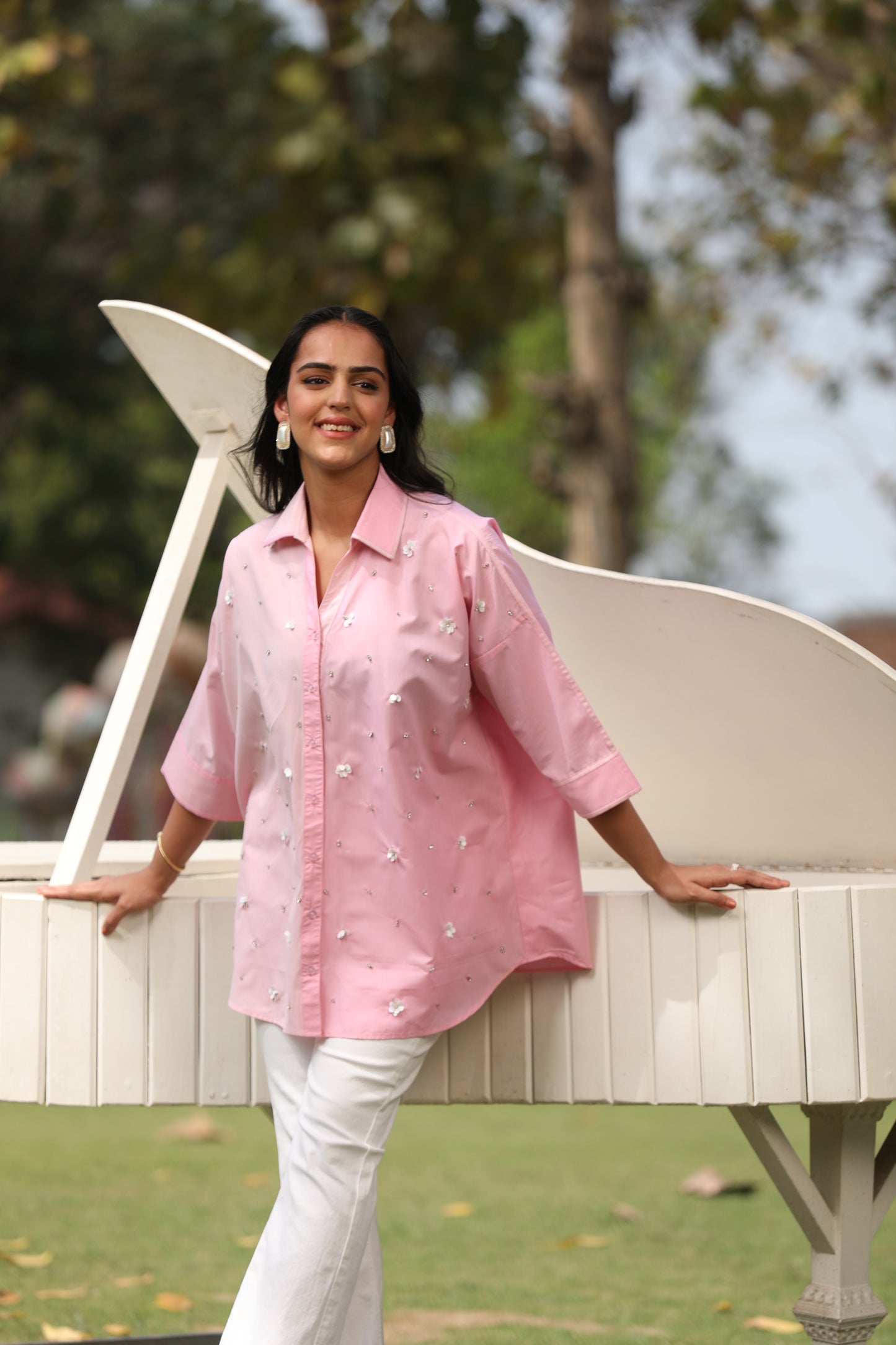 Sequin Blossom Block Collar Shirt