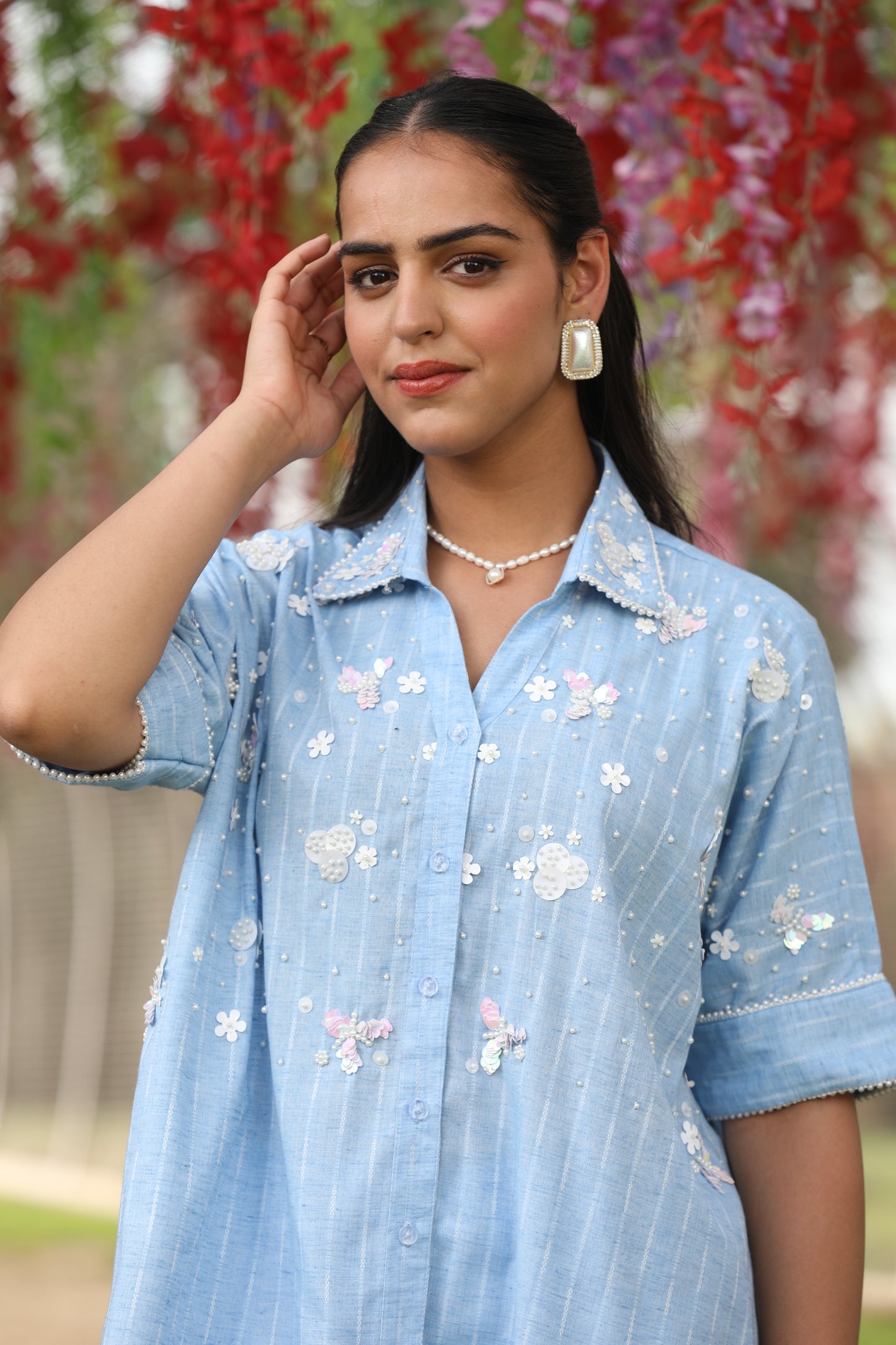 White Sequin Embroidered Chabray Co-Ord with Pearl Lace Detailing