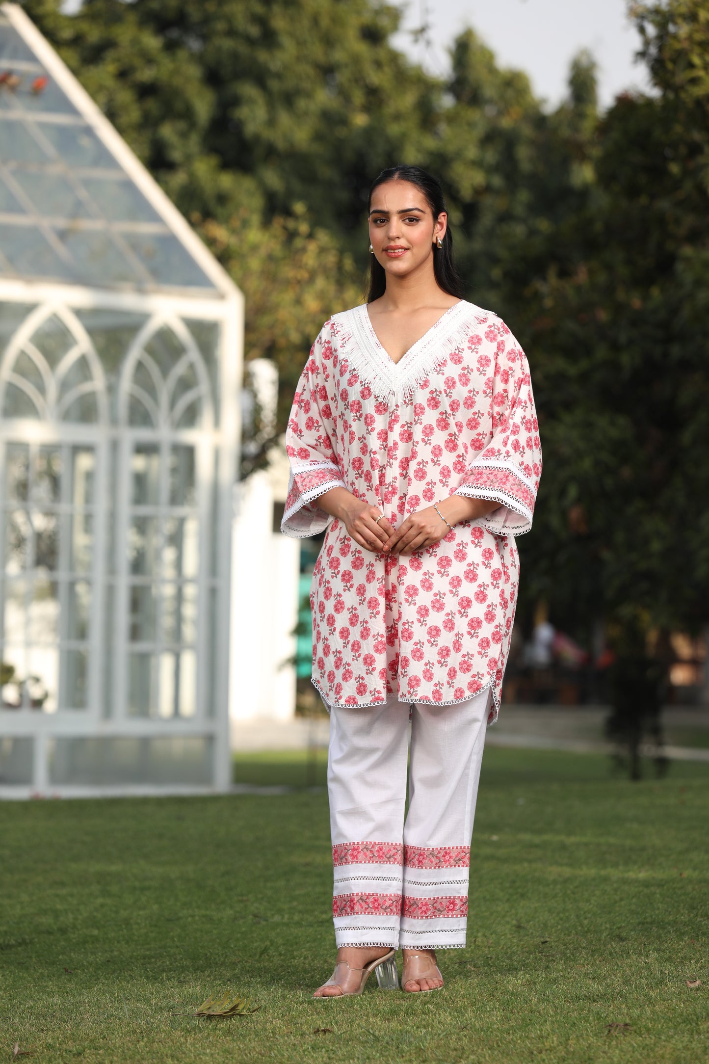 Chambric Cotton Delight - V-Neck Floral Kurta with White Pants
