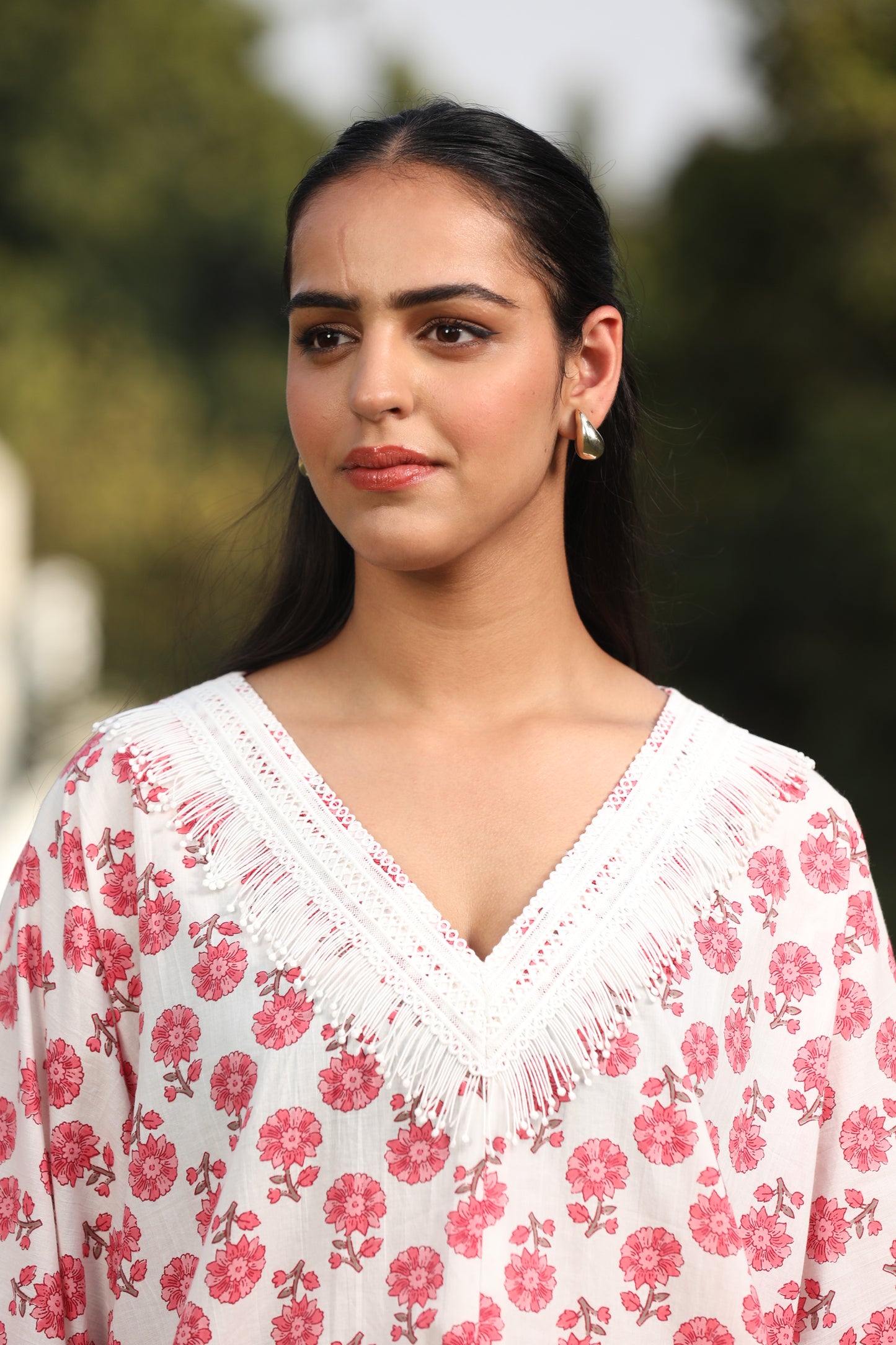 Chambric Cotton Delight - V-Neck Floral Kurta with White Pants