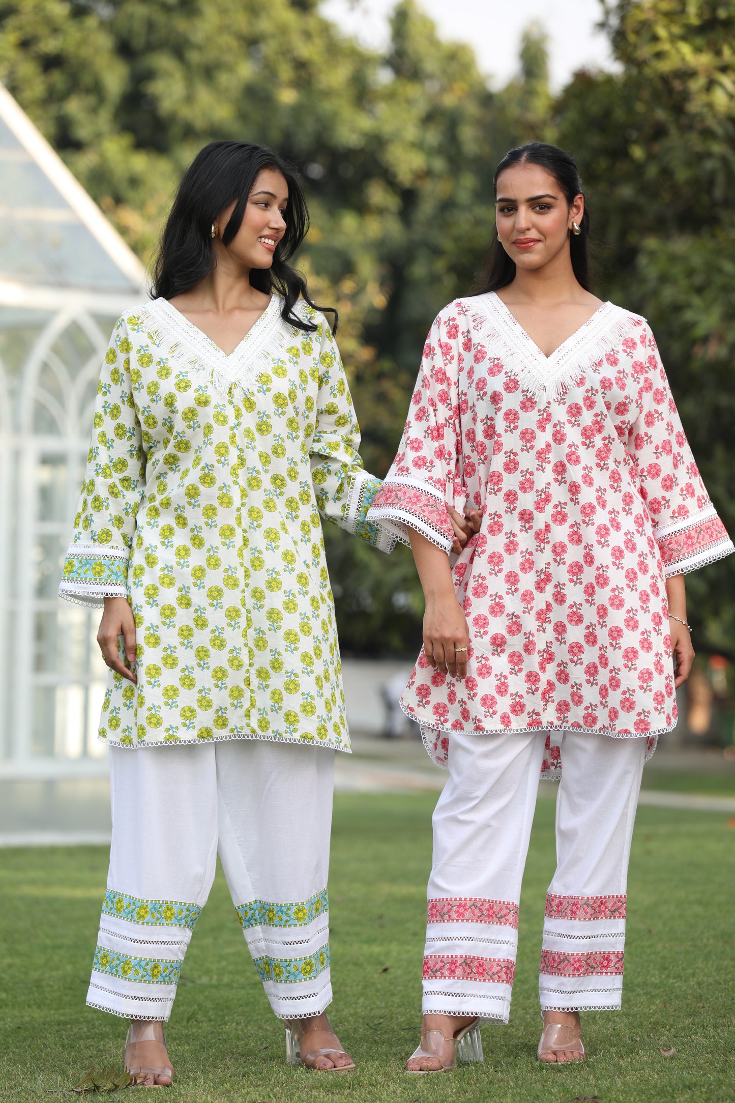 Chambric Cotton Delight - V-Neck Floral Kurta with White Pants