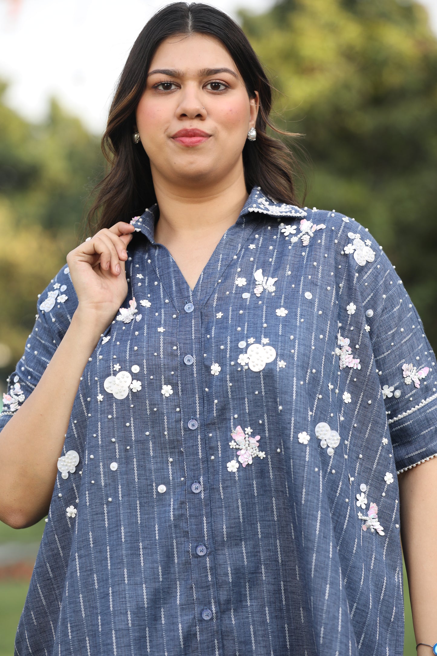 White Sequin Embroidered Chabray Co-Ord with Pearl Lace Detailing