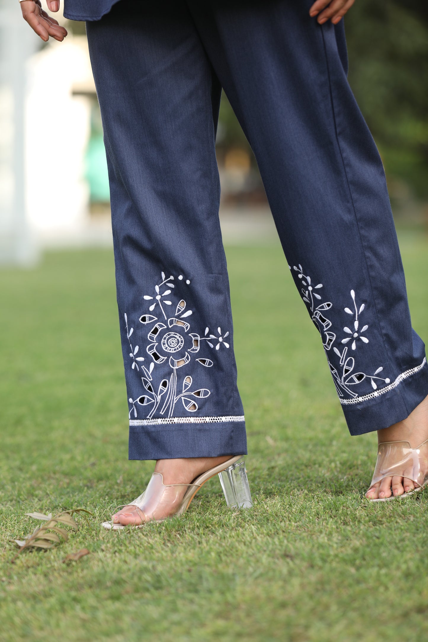 Chic Cotton Denium Set with Lace-Trimmed Collar and Cut Work Accents