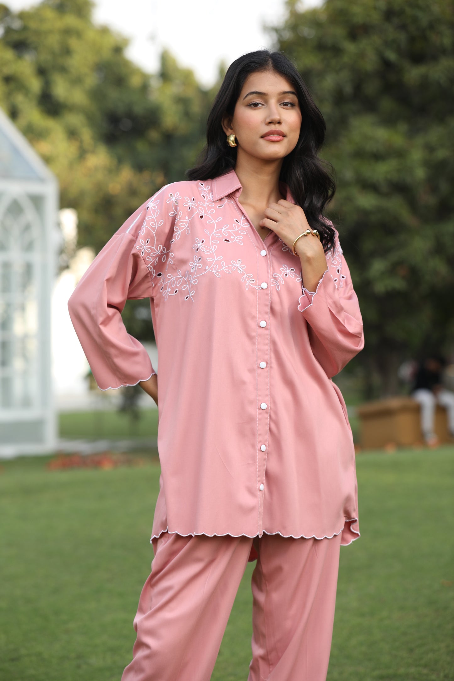 Scalloped Elegance Cotton Denium Co-Ord with Shoulder Cut Work