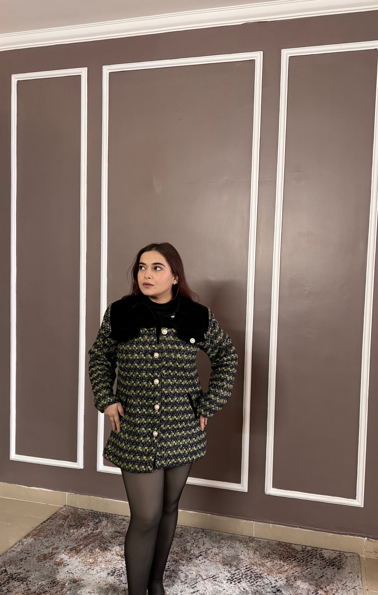 Tweed Buttoned Jacket with Pearl Accents