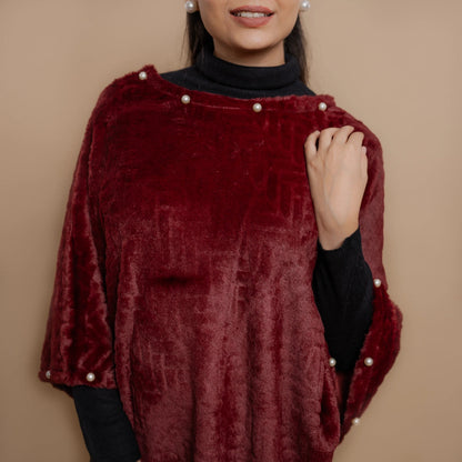 Single Lined Fur Poncho Embellished With Pearls