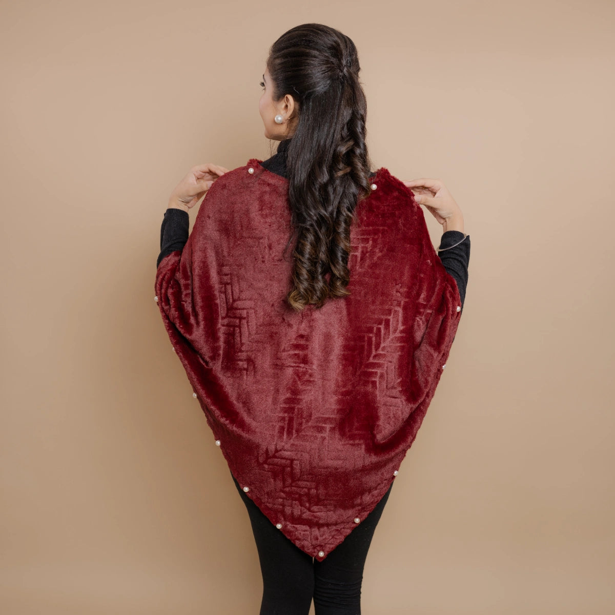 Single Lined Fur Poncho Embellished With Pearls