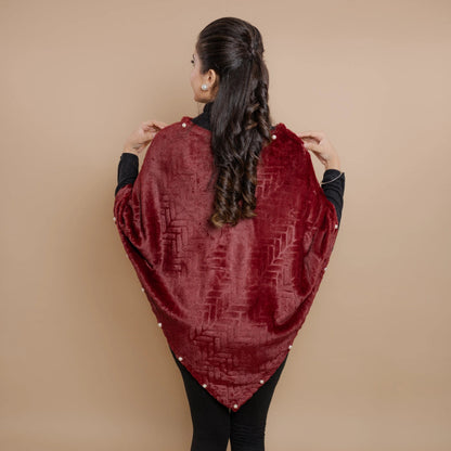 Single Lined Fur Poncho Embellished With Pearls