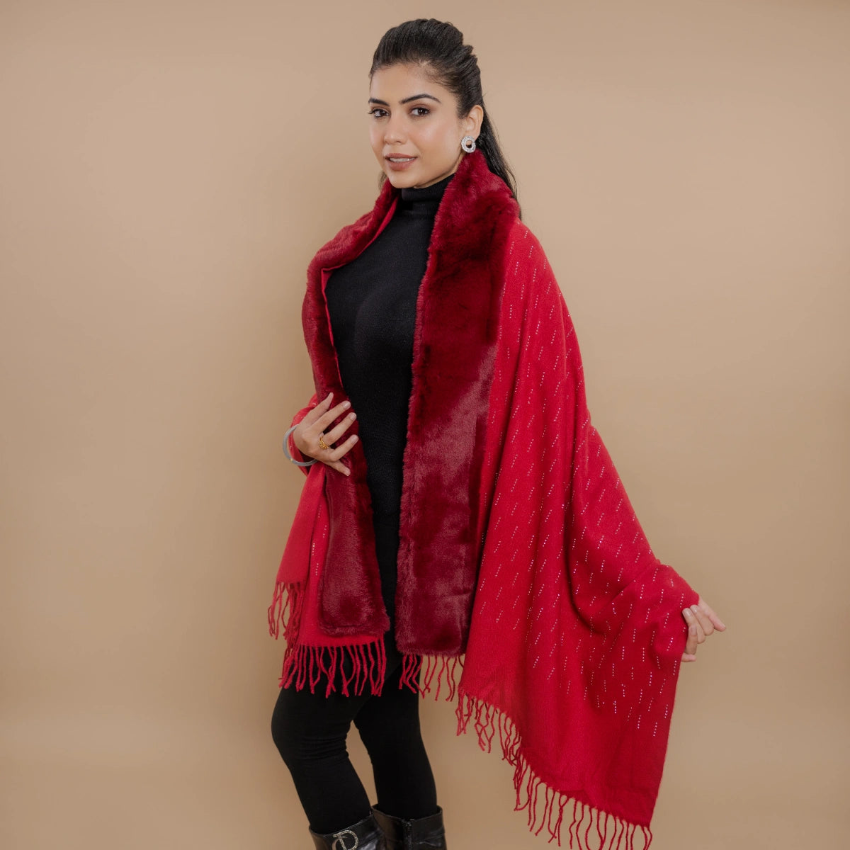 Fur Poncho Cape With Swaroski Embellishments