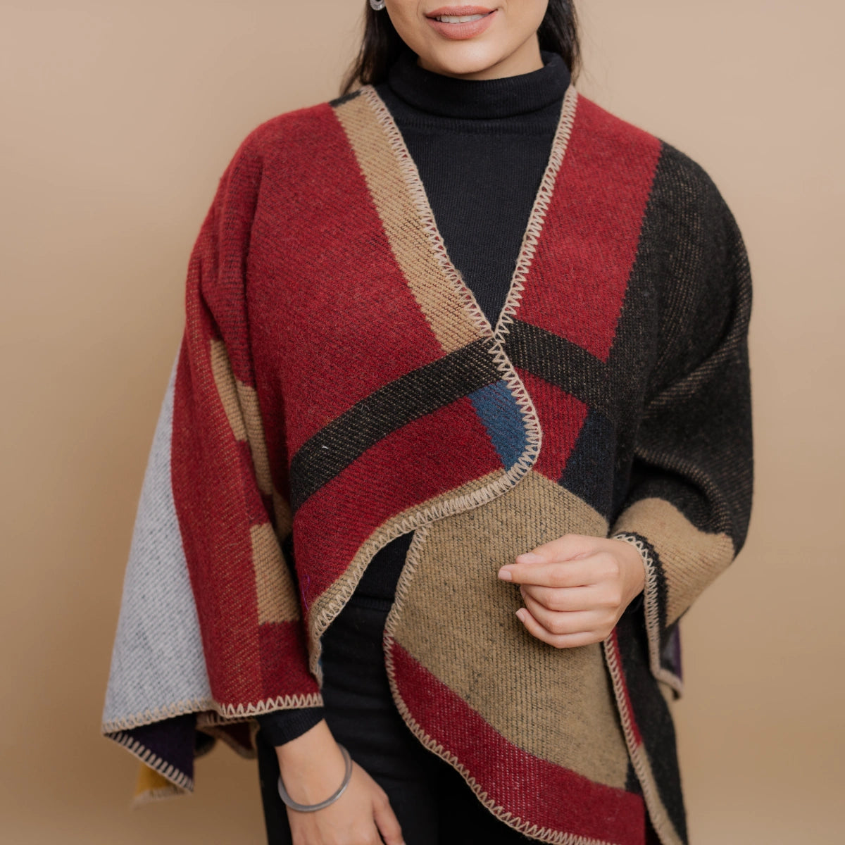 Wool Pashmina Geometrical Color Blocked Poncho Shawl