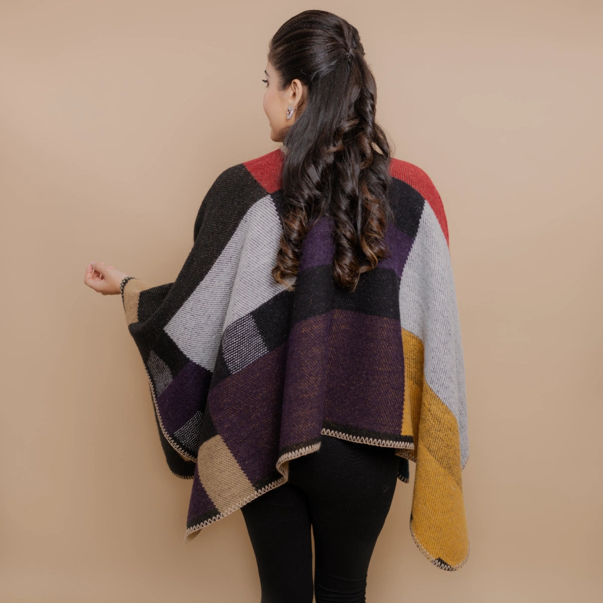 Wool Pashmina Geometrical Color Blocked Poncho Shawl