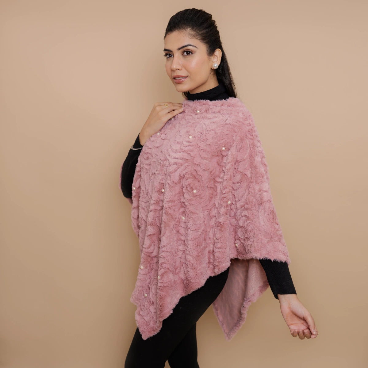 Single Lined Fur Poncho Embellished With Pearls