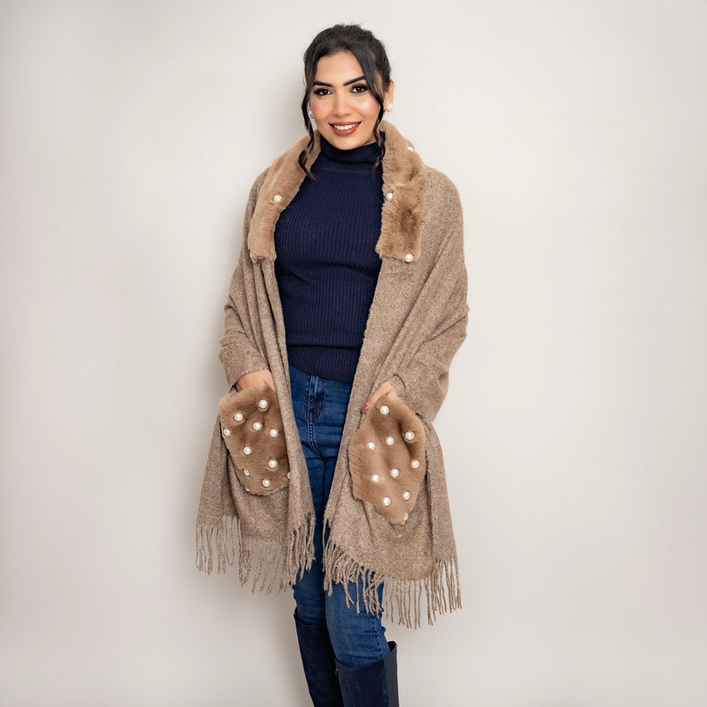 Wool Pashmina Poncho Strole with Fur