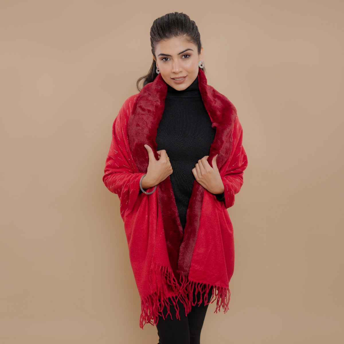 Fur Poncho Cape With Swaroski Embellishments