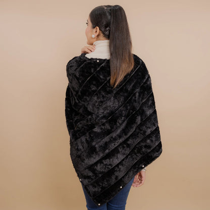 Single Lined Fur Poncho Embellished With Pearls