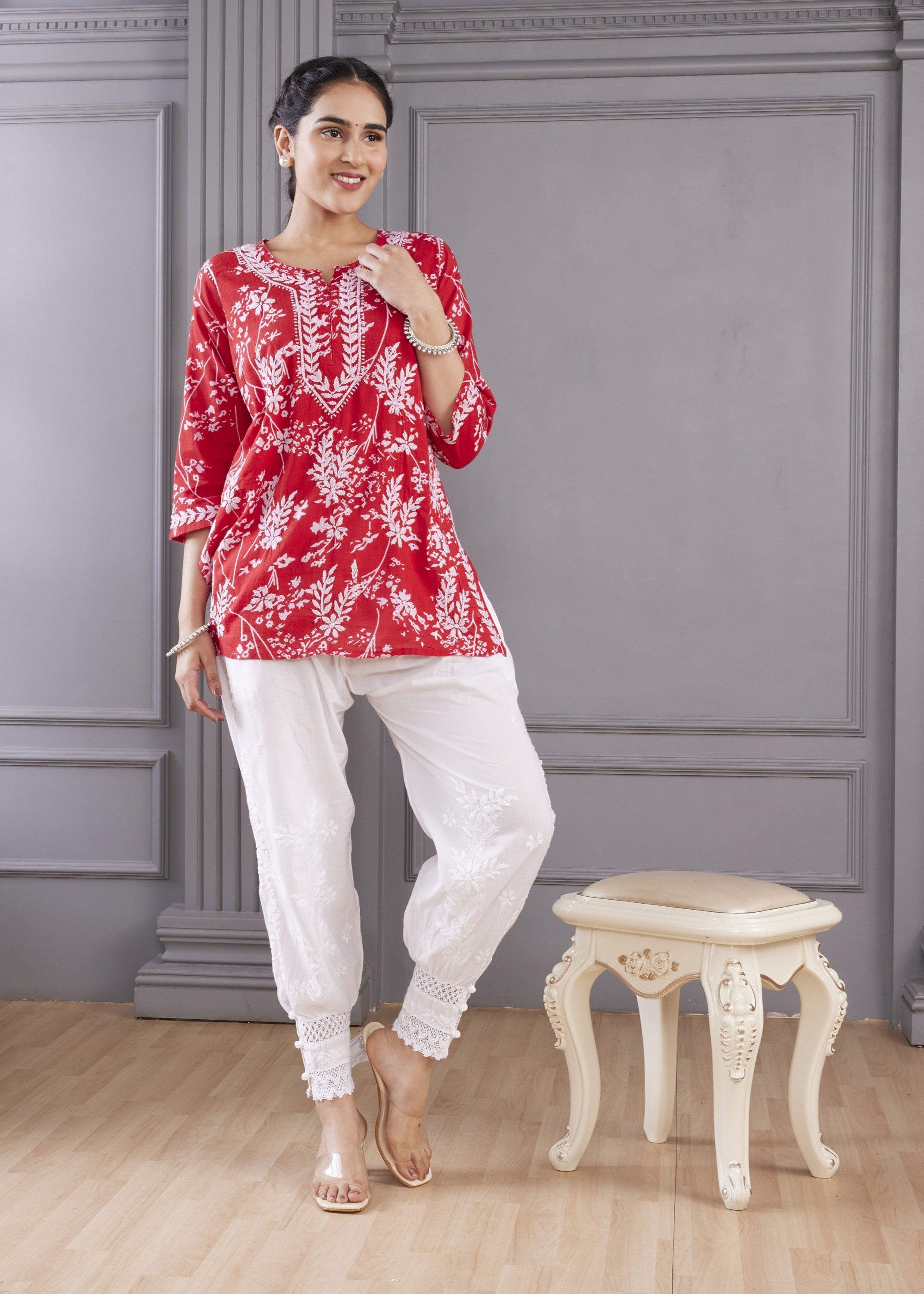 Red Embroidered Chikankari Kurta Set