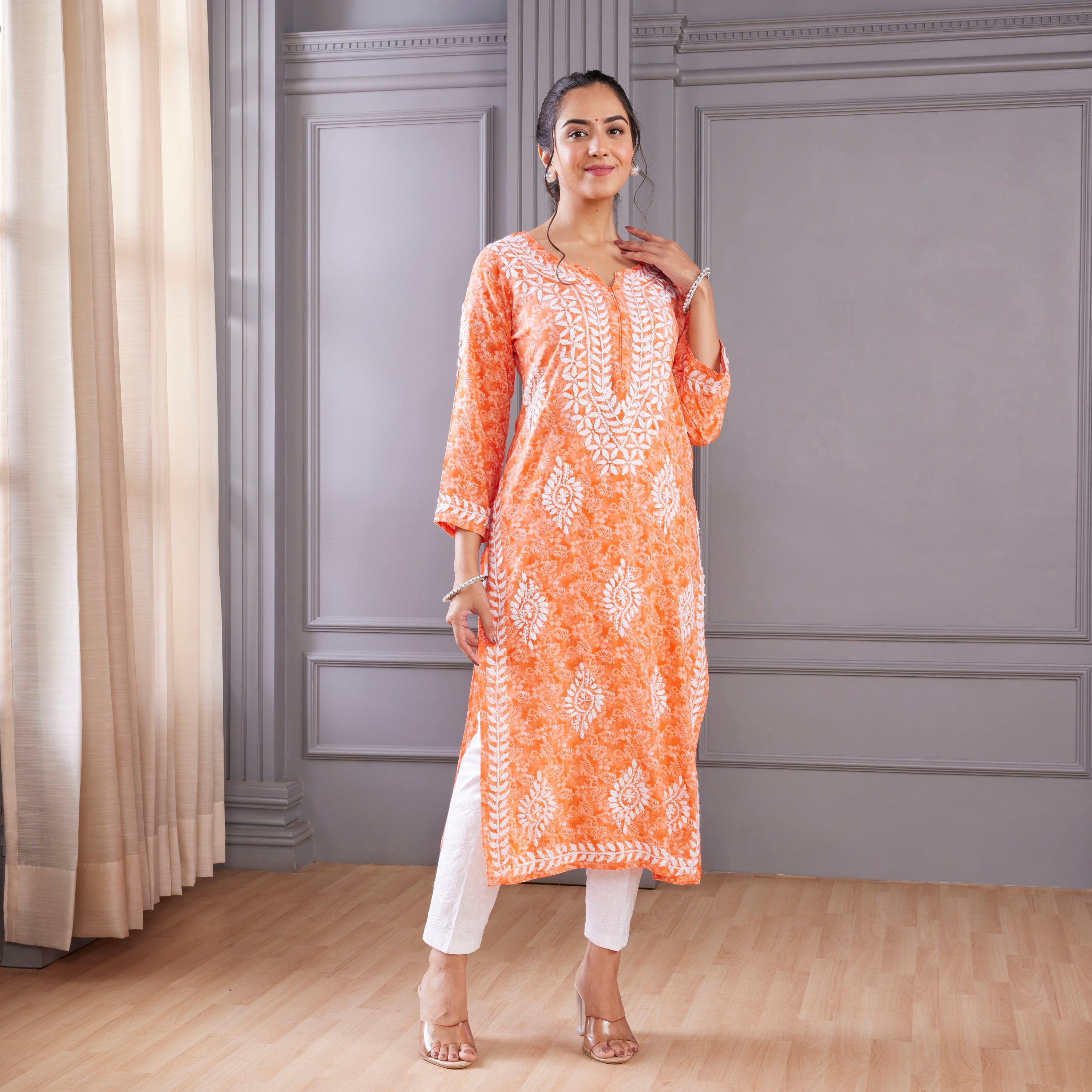 Orange Elegance Chikankari Kurta Set