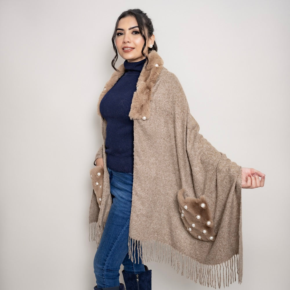 Wool Pashmina Poncho Strole with Fur