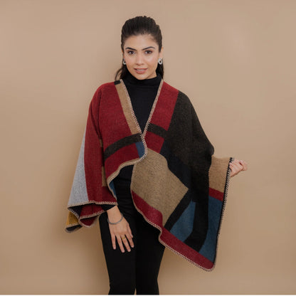 Wool Pashmina Geometrical Color Blocked Poncho Shawl