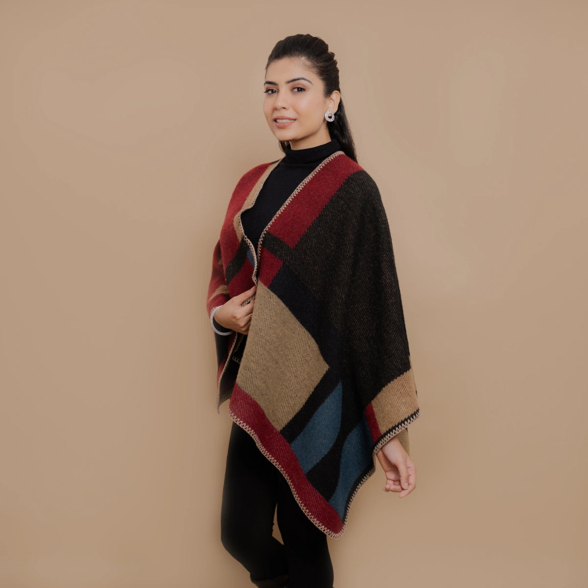 Wool Pashmina Geometrical Color Blocked Poncho Shawl