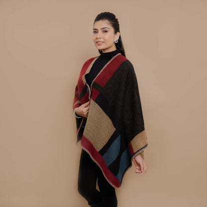 Wool Pashmina Geometrical Color Blocked Poncho Shawl