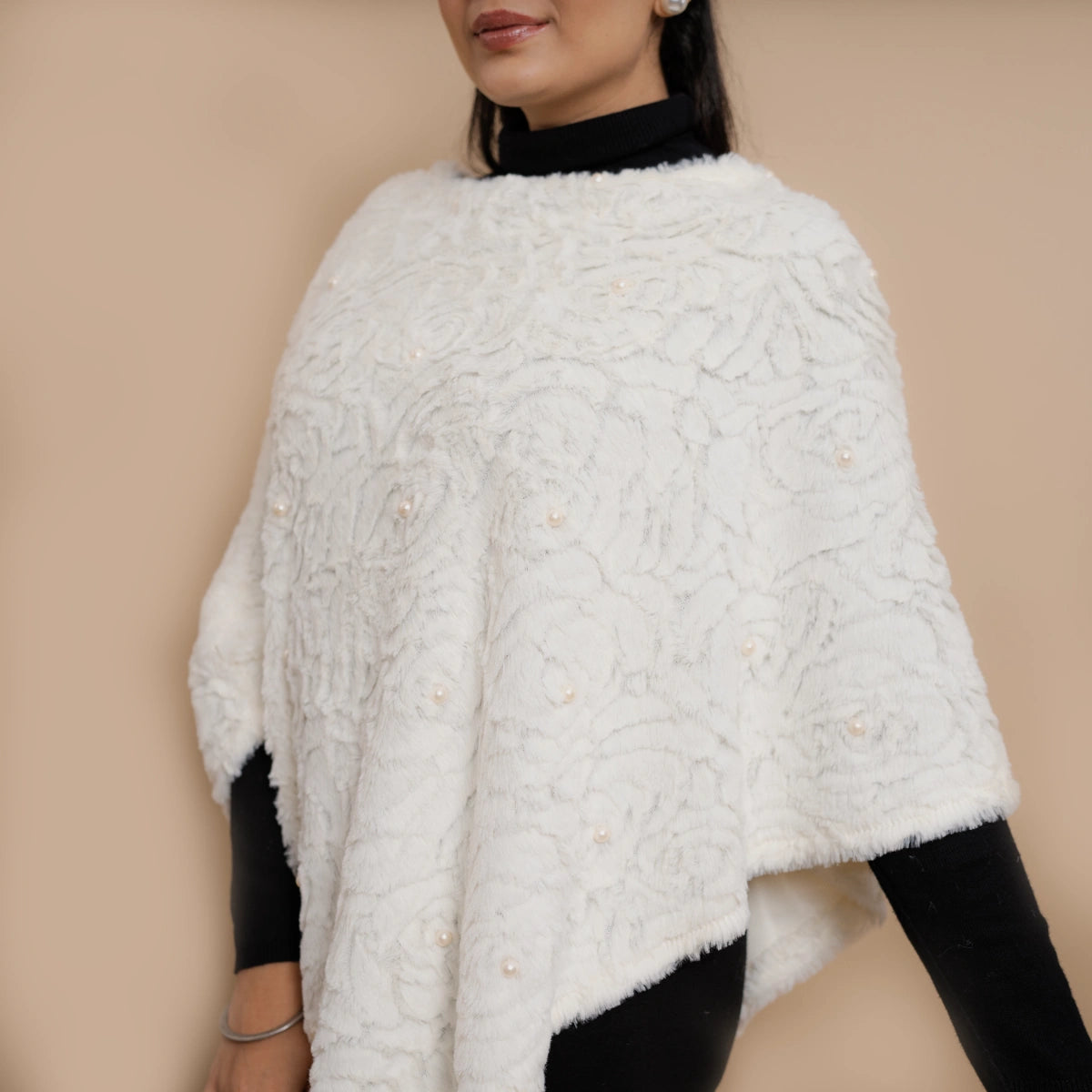 Single Lined Fur Poncho Embellished With Pearls